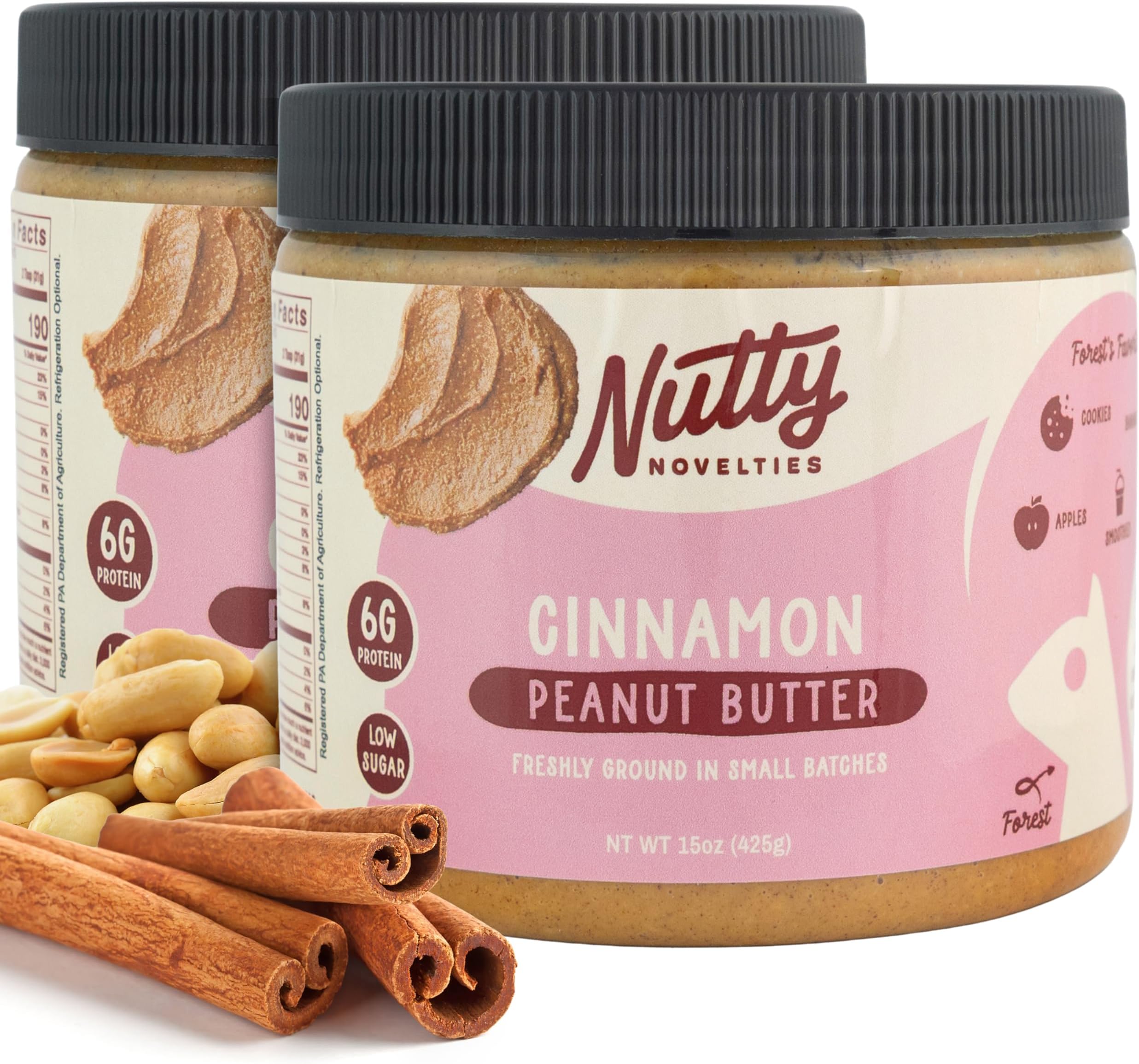 Nutty Novelties Cinnamon Peanut Butter - High Protein, Low Sugar Healthy Peanut Butter - All-Natural Peanuts Free of Cholesterol, Preservatives & Salt - 2 x 15 Ounces