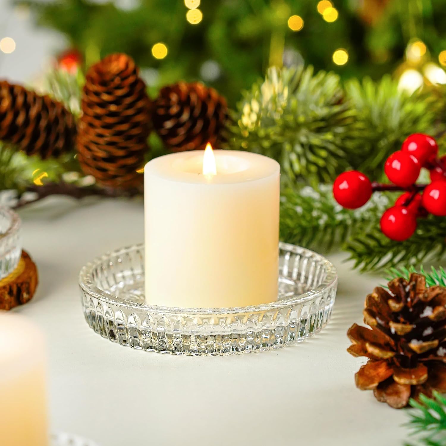 Set of 2 Glass Candle Holder Plates, 3.7'' Round Clear Pillar Candle Holder
