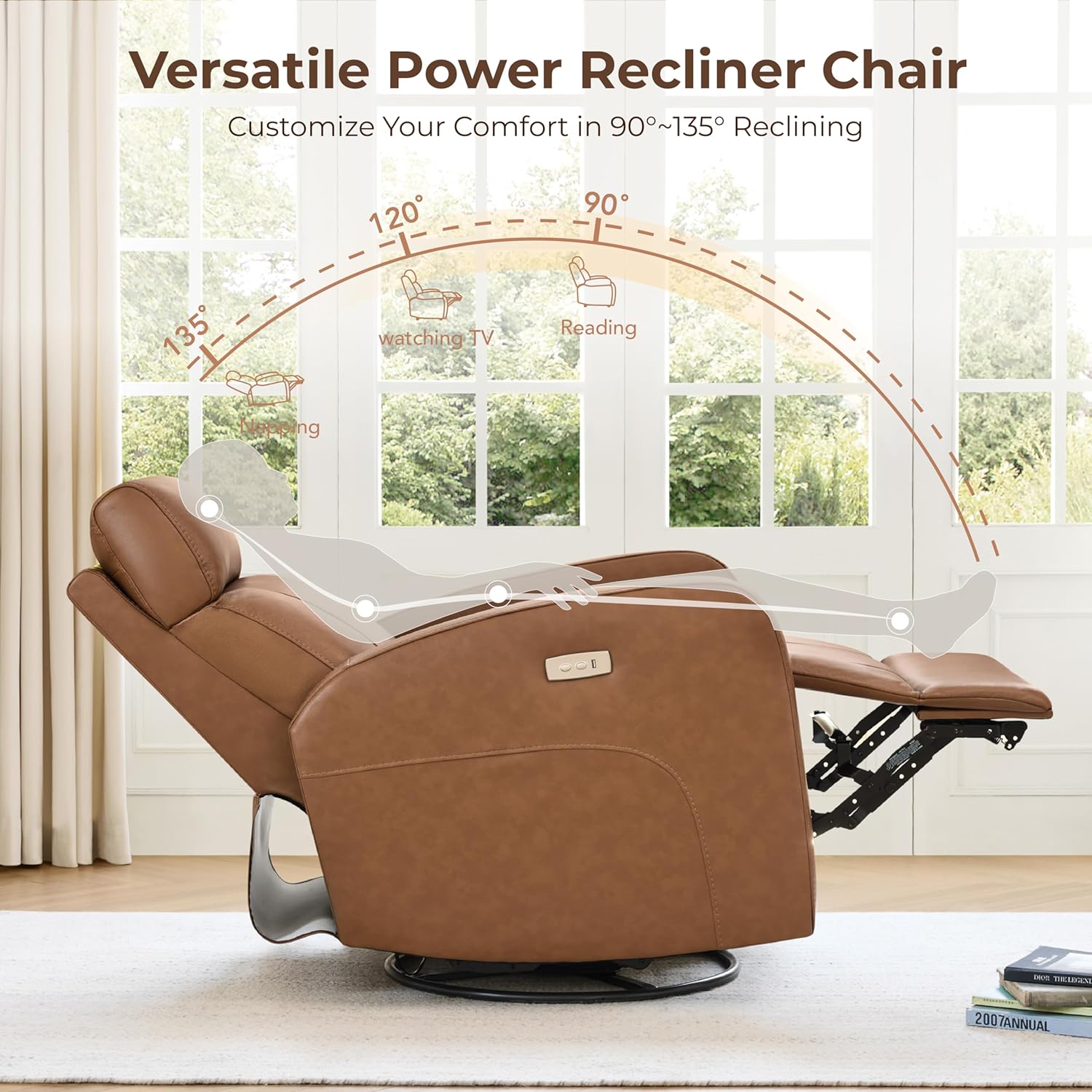 CHITA Genuine Leather Power Recliner Chair for Adults, FSC Certified Electric Nursery Swivel Glider for Living Room, Camel Brown