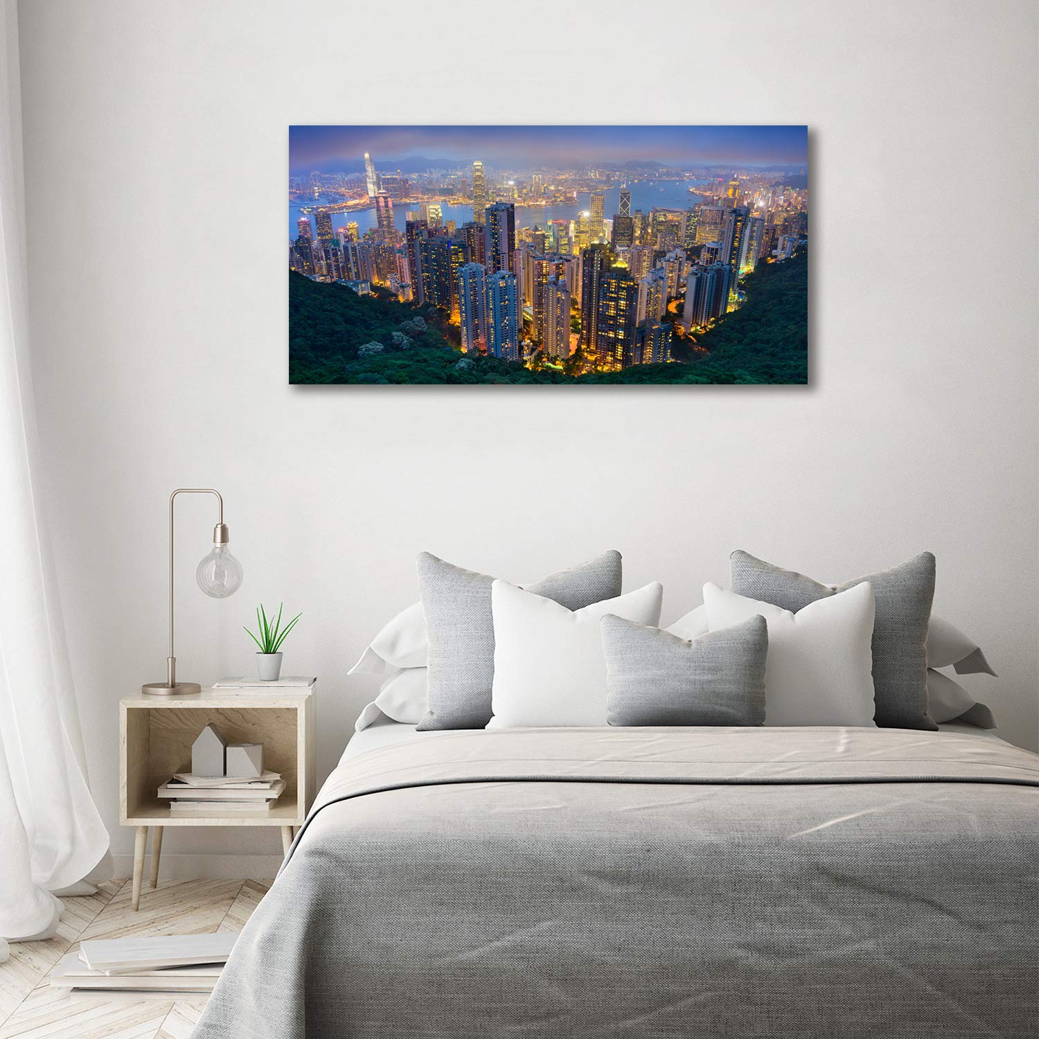 Tulup Peinture sur Verre trempé 140x70 décoration Murale Tableau Image - Hong Kong De Nuit