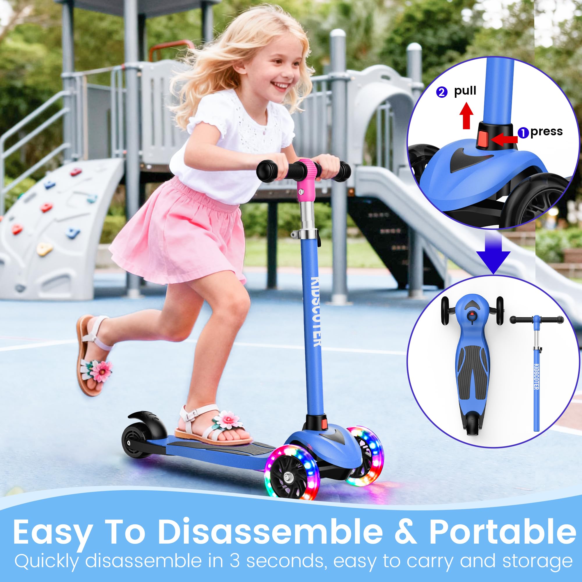 Trottinette réglable 2 en 1, pour Les 3-12 Ans, avec Guidon à 5 Niveaux, siège Amovible, Roues LED, Pliable, Rose (Filles et garçons) et Noir.