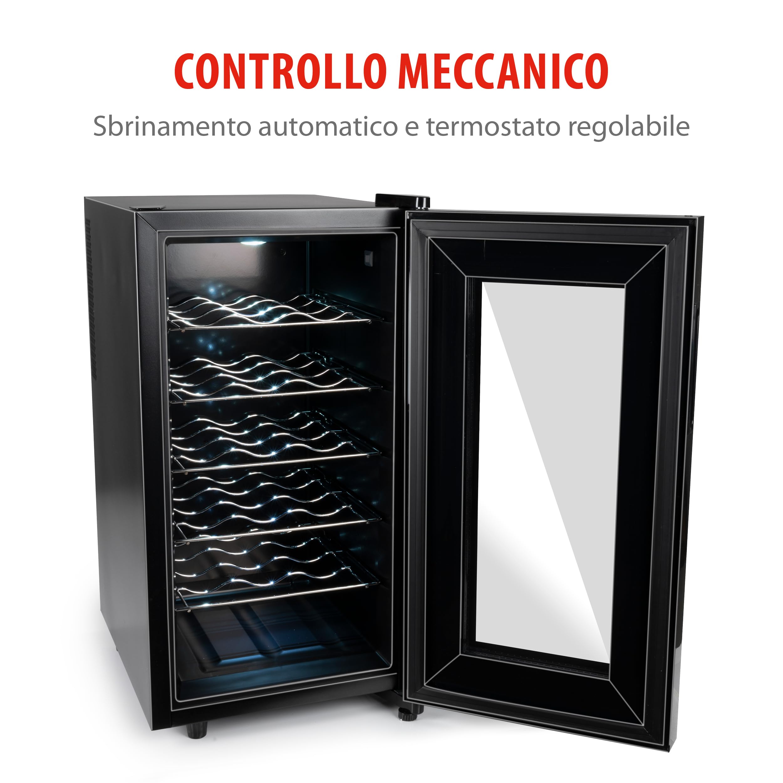 Alpina Frigorifero per vino – 230 V – 18 bottiglie/50 l – temperatura regolabile da 11 °C a 22 °C – Porta in vetro e illuminazione interna – silenzioso – nero