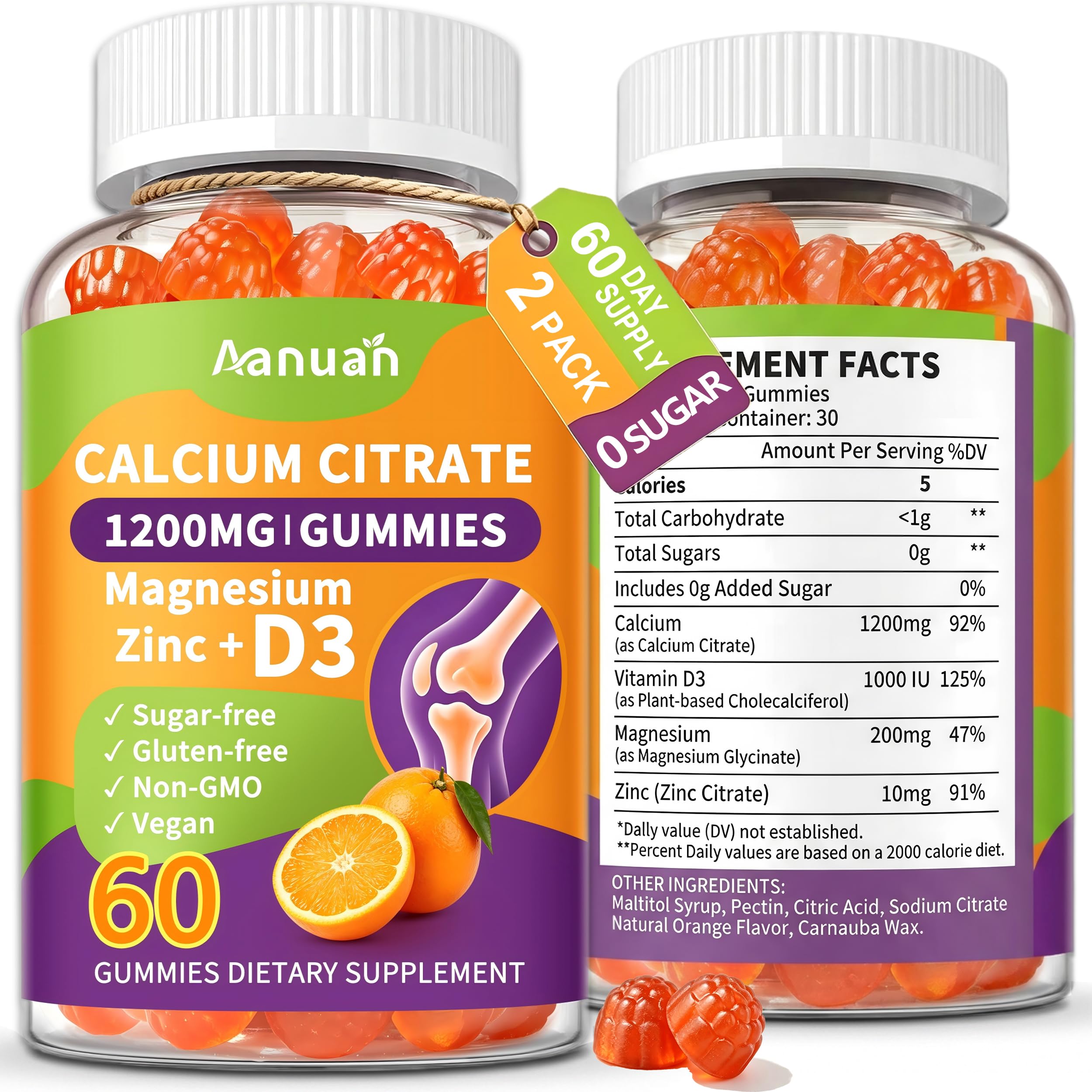 Aanuan Gomas de Citrato de Cálcio com Magnésio, Zinco e Vitamina D3 600 mg, 120 gomas