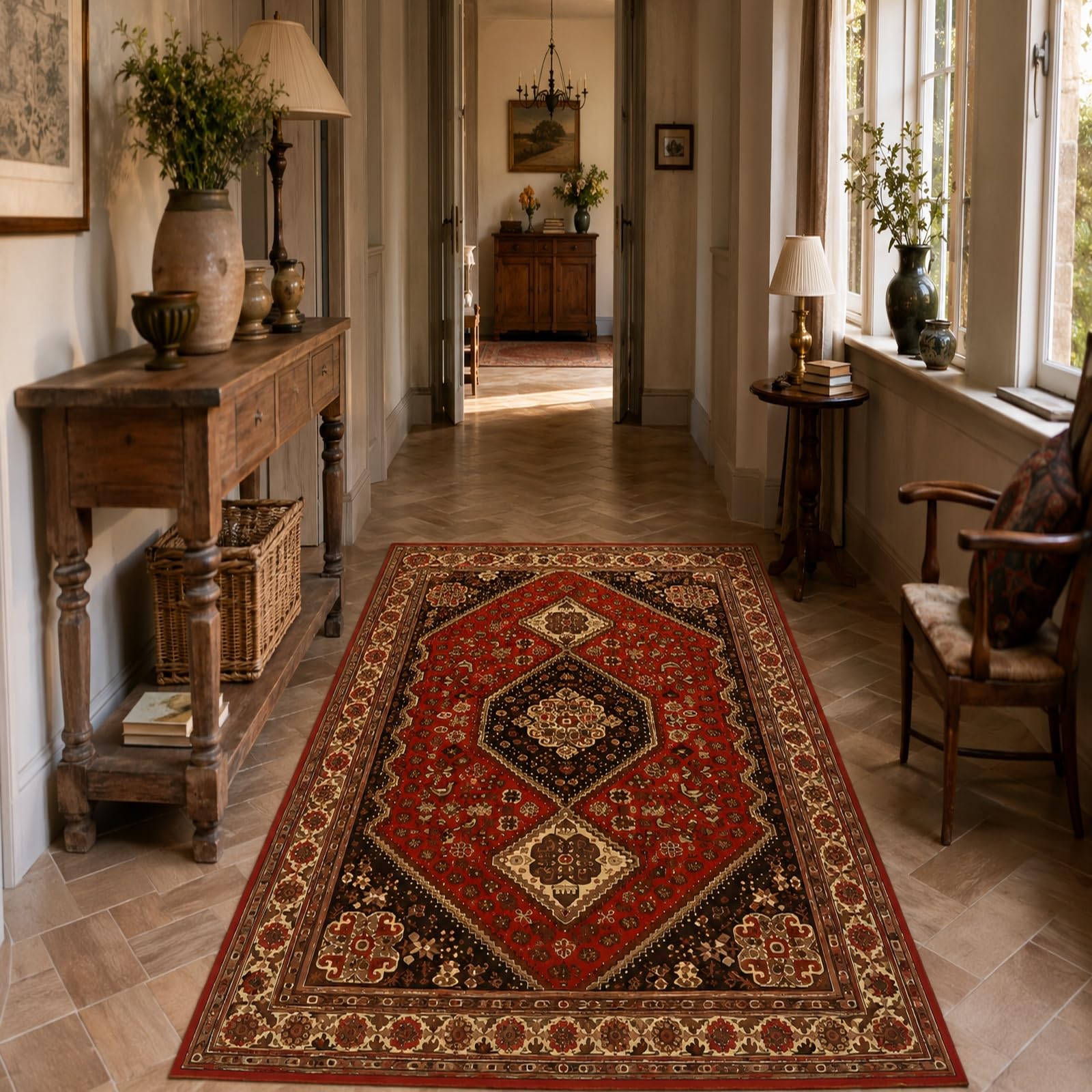 Teppich unter Bürostuhl, 120 x 150 cm, Orientalisch Rot, Braun, Beige, Schwarz, Teppiche Aesthetic Room Decor Couchtisch Nachttisch,
