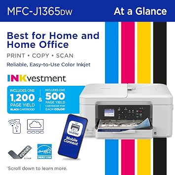 Brother INKvestment 1365 Wireless Color Inkjet All-in-One Printer with Automatic Duplex Printing and 1.8 Color Display | Includes Refresh Subscription Trial(1) (MFC-J1365DW) | Wireless Inkvestment Aio, Auto Duplex, 1.8 Color Display, 150-Sheet Tray, 20-Page Adf, Up to 16ppm B and W, 9ppm Color