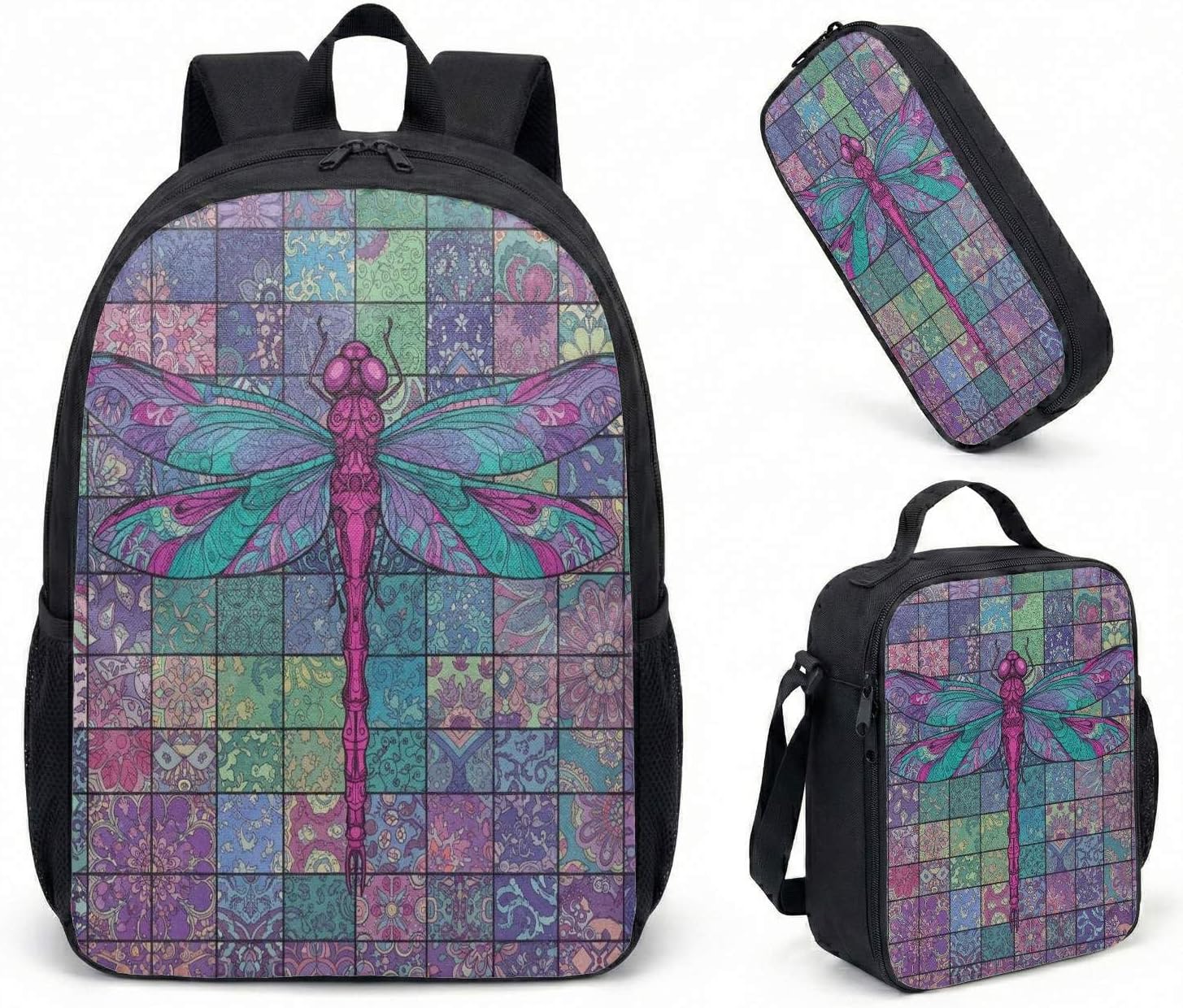 Vibrant Dragonfly Boho Print 17 Inch Backpack 3 Piece Set Artistic Tribal Pattern Travel Bag Laptop Rucksack Multi-use (03)