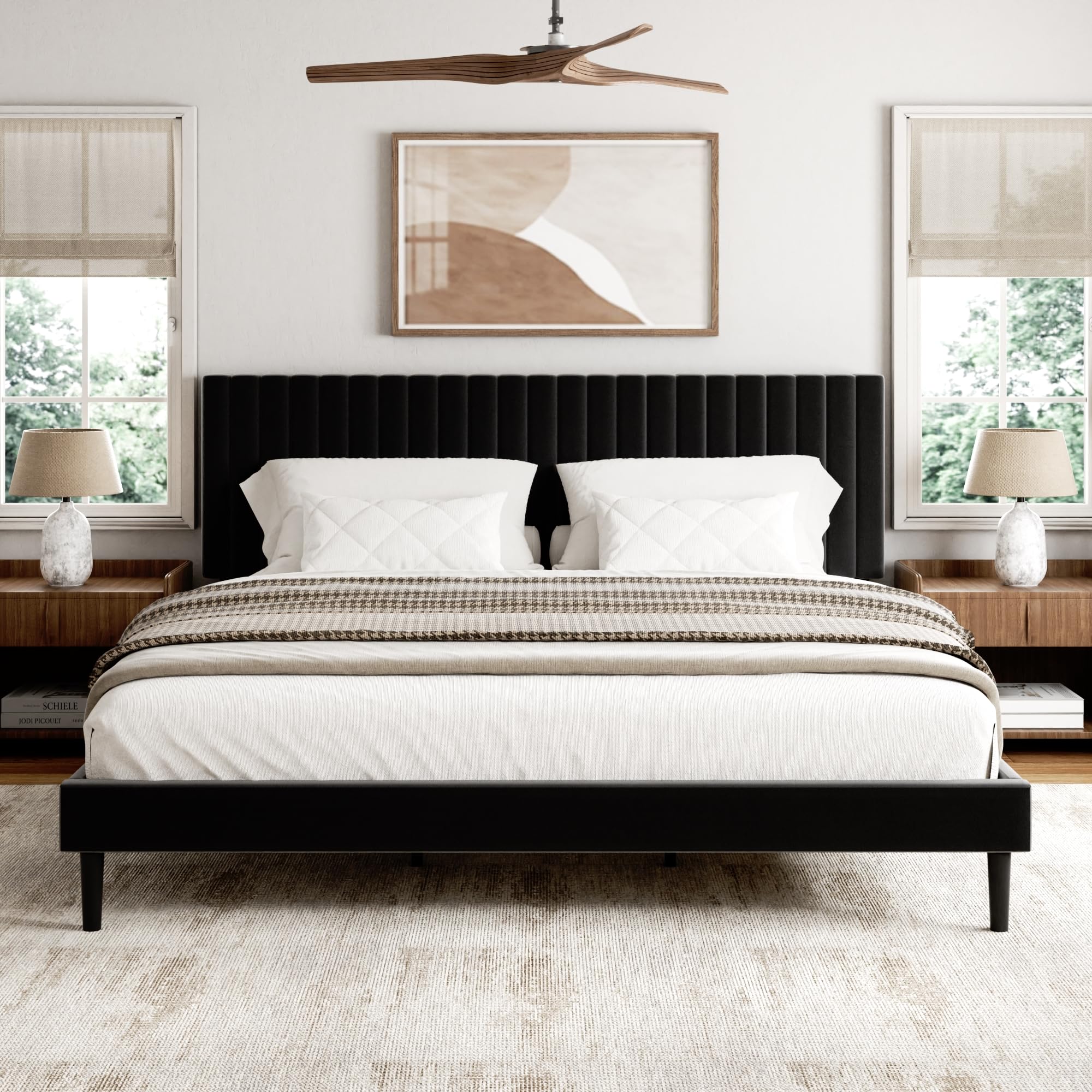 Photo 1 of ***MAJOR DAMAGE*** Sismplly King Size Bed Frame with Velvet Upholstered Headboard, Platform Bed with Strong Wood Slats, Mattress Foundation, Box Spring Optional, Easy Assembly, Black