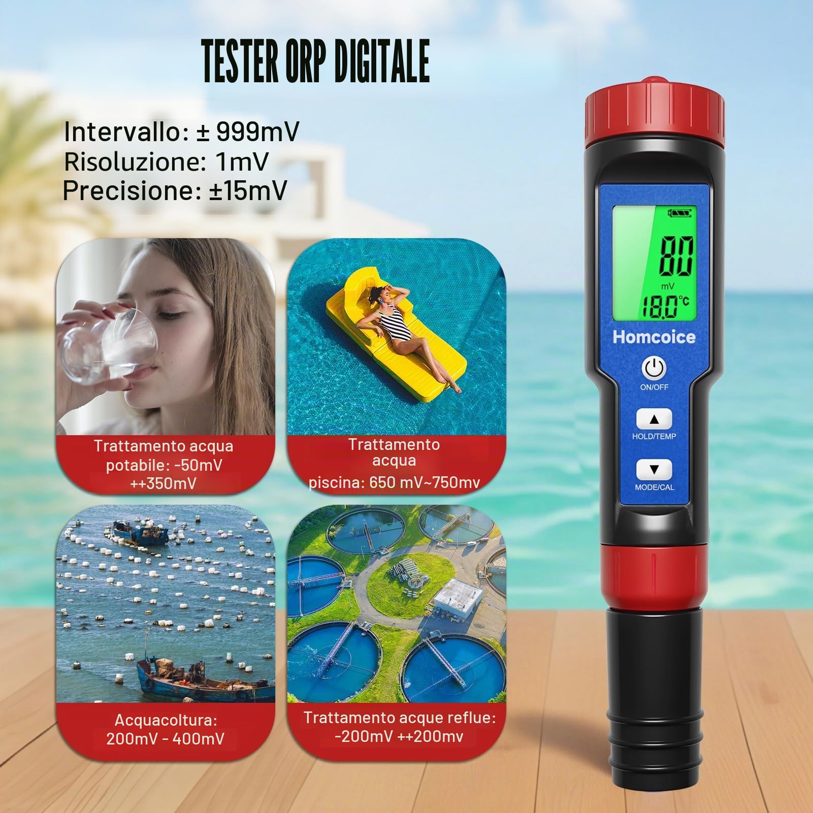 Misuratore pH Cloro Piscina 7 in 1, Tester PH Cloro Salinità ORP TDS EC Temperatura, Test Qualità Acqua ad alta precisione con funzione ATC per piscine, acqua potabile, acquario, idroponica