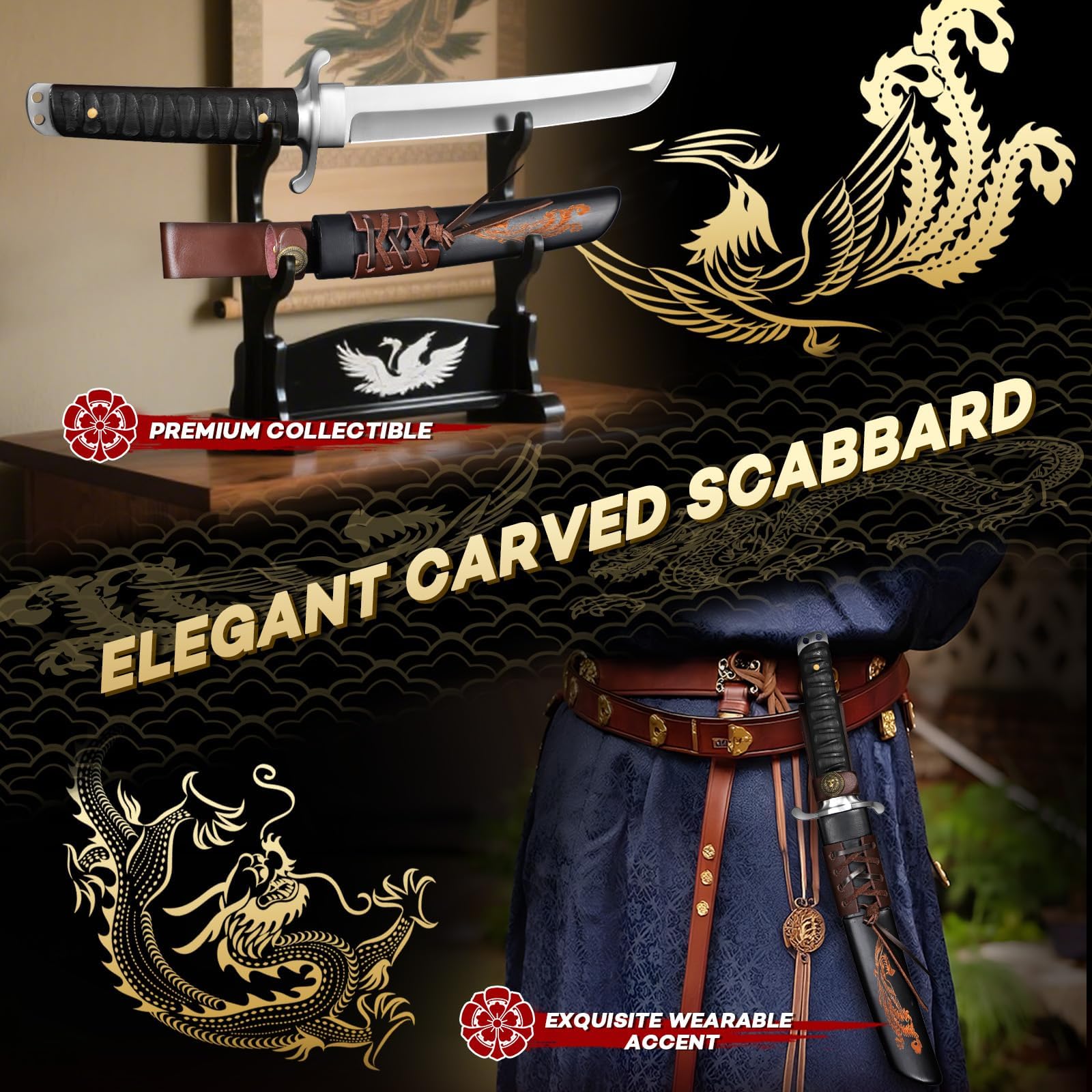 Japaknives Cuchillo de Supervivencia Tanto Japonés para Exteriores Afilado con Funda Acero D2 Hoja Fija de 5 mm de Espesor con Funda Grabada Fénix Coleccionismo Regalo para Hombres