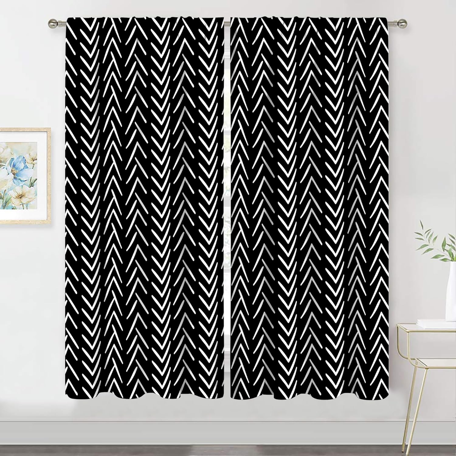 MESHELLY Black and White Curtains 42W x 63H Inch Chevron Curtains Big Arrows Trial Herringbone Geometric Zigzag Monochrome Boho Pattern Rod Pocket Men Living Room Bedroom Window Drapes Fabric 2 Panel