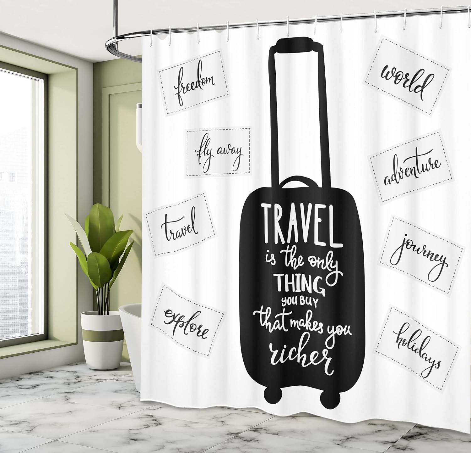 Ambesonne Saying Shower Curtain, Travel Inspiration Lettering Travel Only Thing You Can Buy That Makes You Richer, Cloth Fabric Bathroom Decor Set with Hooks, 69" W x 84" L, Black White