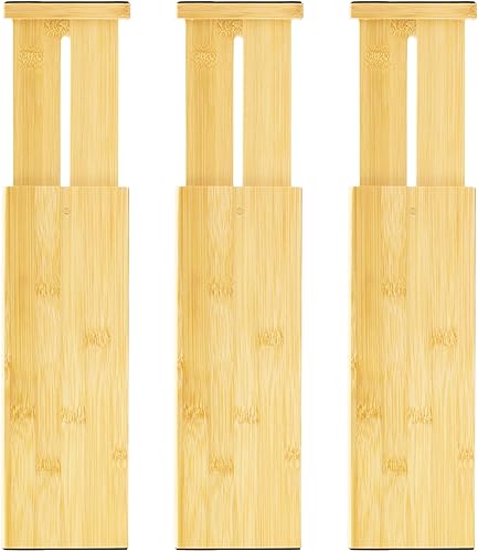 VaeFae Paquete de 3 separadores de cajones de bambú, 4 pulgadas de alto ajustable 11.9-17.1 pulgadas, separadores expandibles para dormitorio, baño,