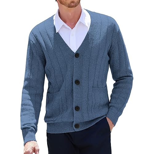 COOFANDY Men's Cardigan Sweater Cable Knit V Neck Button up Sweaters Ribbed Cardigan Sweater with Pockets