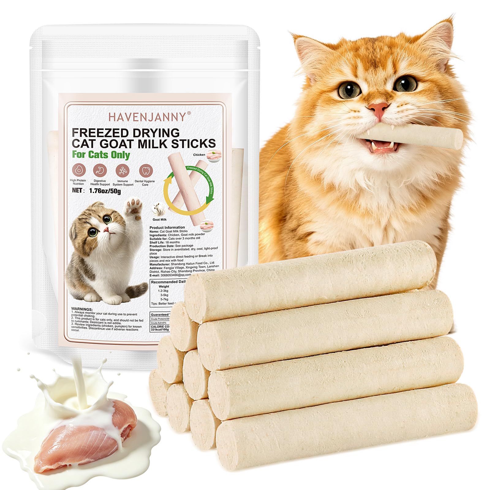 50g Cat Goat Milk Treats, Chicken Cat Teething Stick for Gentle Digestion, Immune Support and Teeth Cleaning, Edible Cats Snack