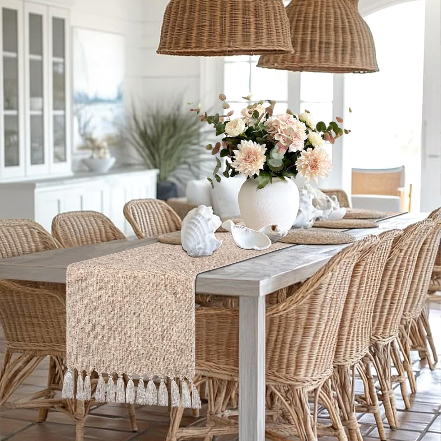 yuboo Boho Table Runner 108 inches Long, Rustic Farmhouse Dresser Runners for Bedroom, Dining Table, Spring Wedding Table Decor, Bridal Shower, Burlap Linen Table Runner (15x108 Tassels Included)