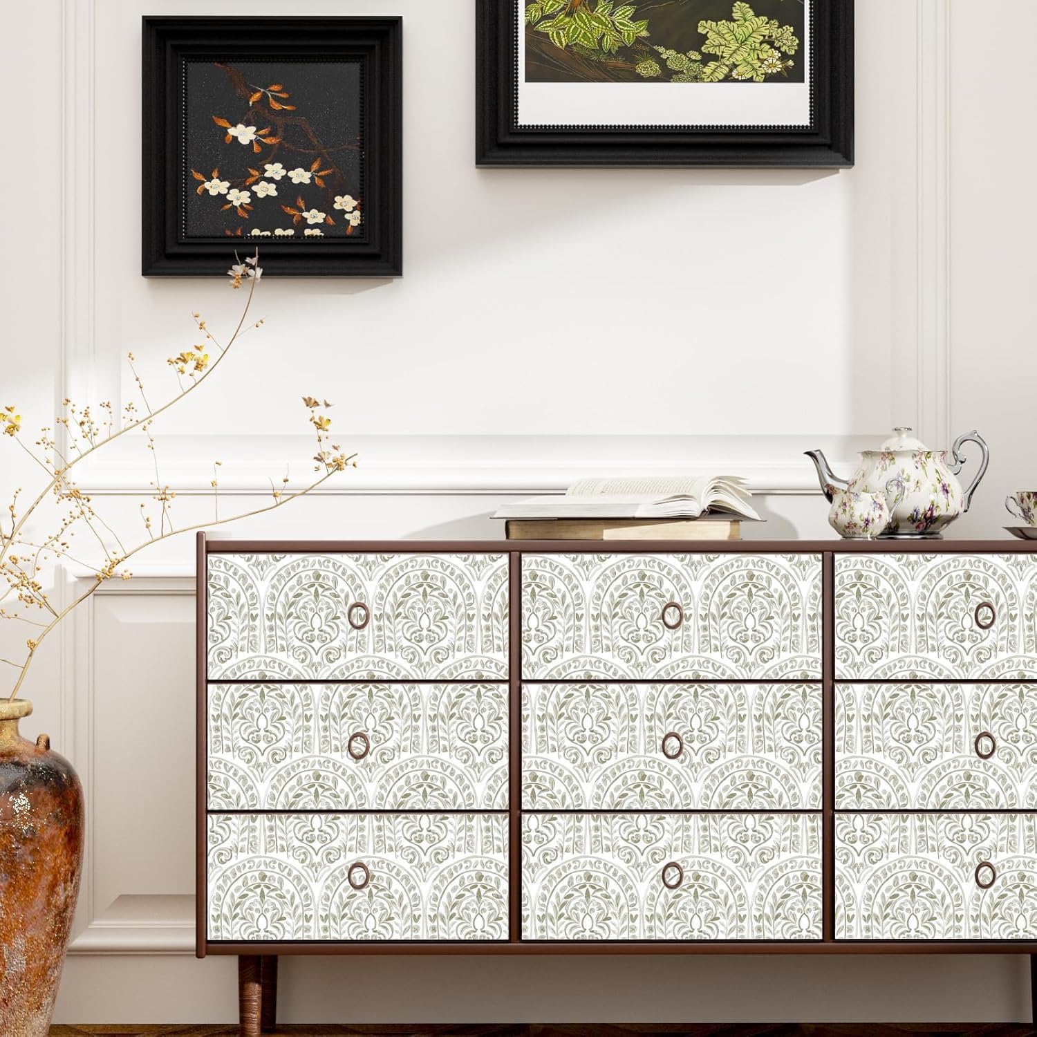 White Floral Peel and Stick Wallpaper Boho Vintage Wall Paper 17.5” x 394” Removable Waterproof Self Adhesive Modern Contact Paper for Bathroom Bedroom Kitchen Cabinet Drawer