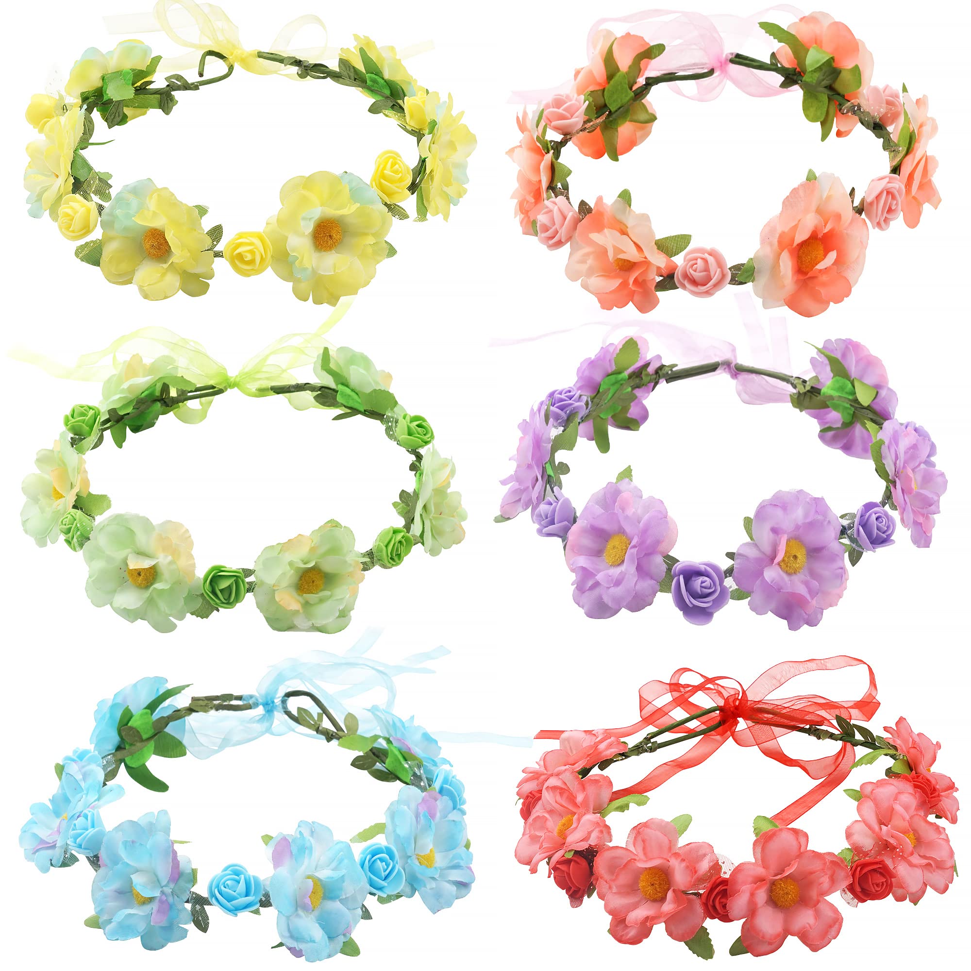 MiDoDo 6 guirnaldas de flores multicolor elástico flor guirnalda diadema para mujeres niña girasol talla única tocado corona floral para mar Festival (6 unidades)