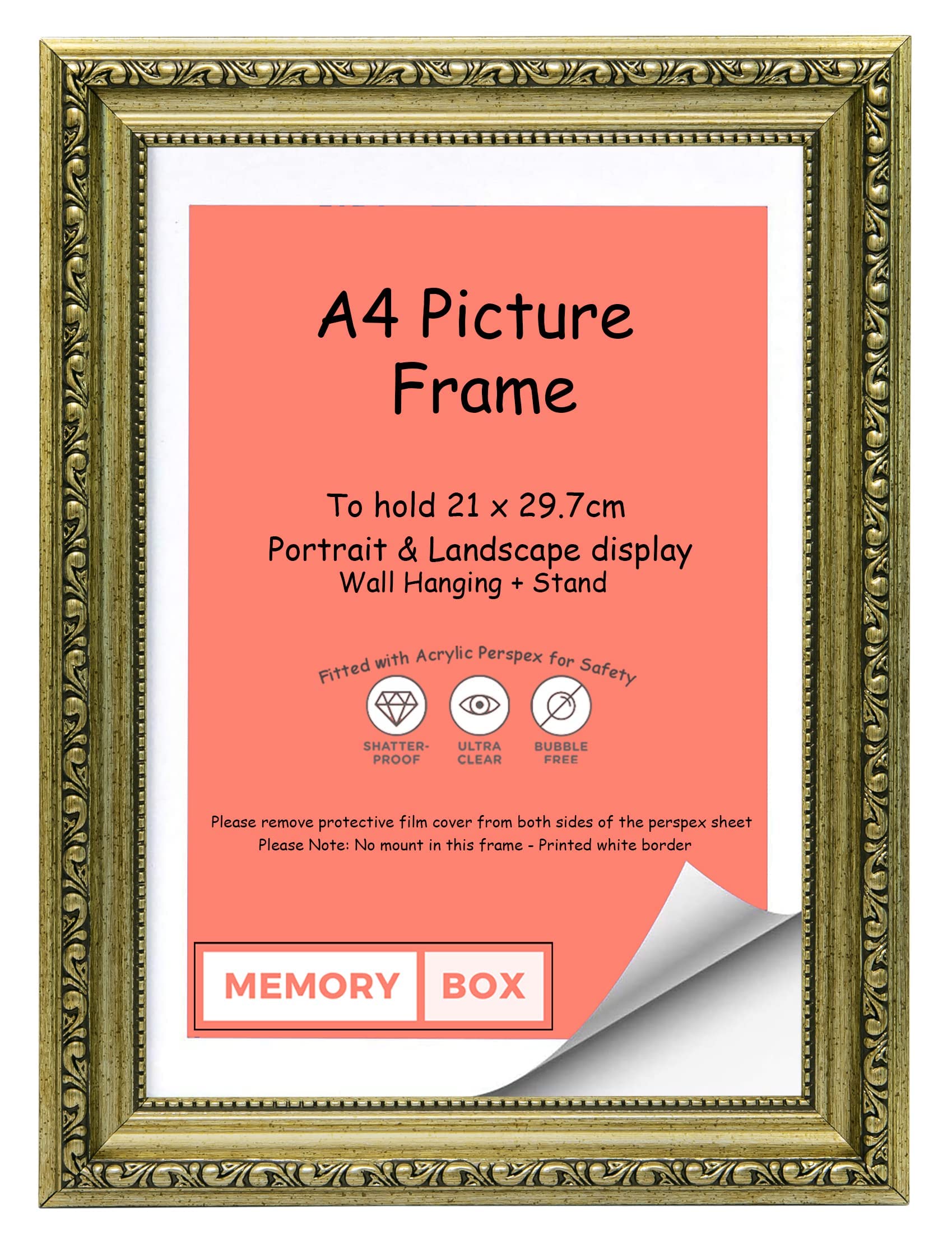 Memory Box Ornate Shabby Chic Picture/Photo/Poster frame with Real Glass - (21.0 x 29.7cm) Champagne A4