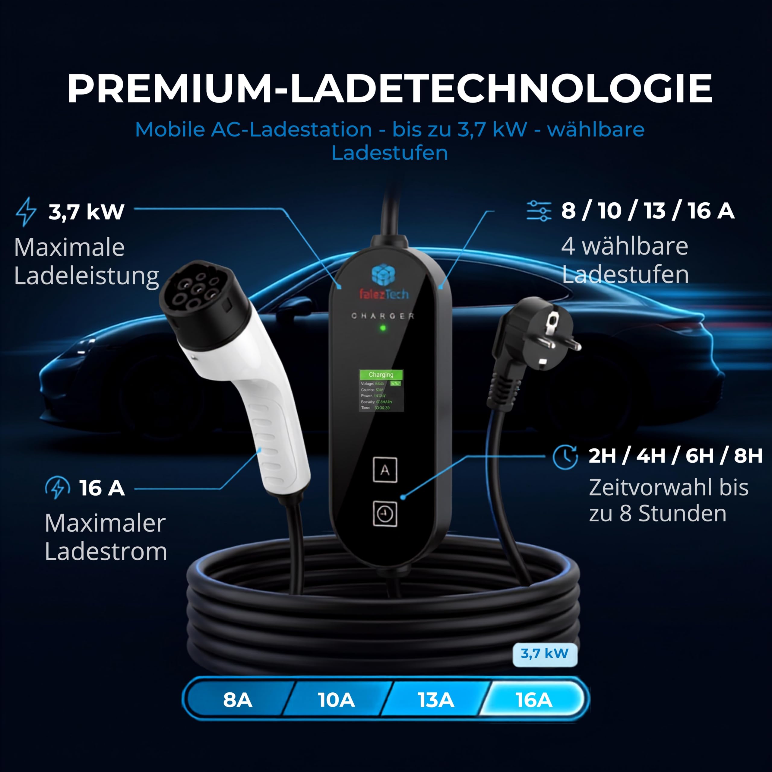 Ladekabel Elektroauto Typ 2 Schuko | 5 m - 3,7 kW | Für alle Typ-2 Elektroautos | LCD Anzeige | Ladekabel für sicheres Laden – ideal für den täglichen Einsatz zu Hause und unterwegs