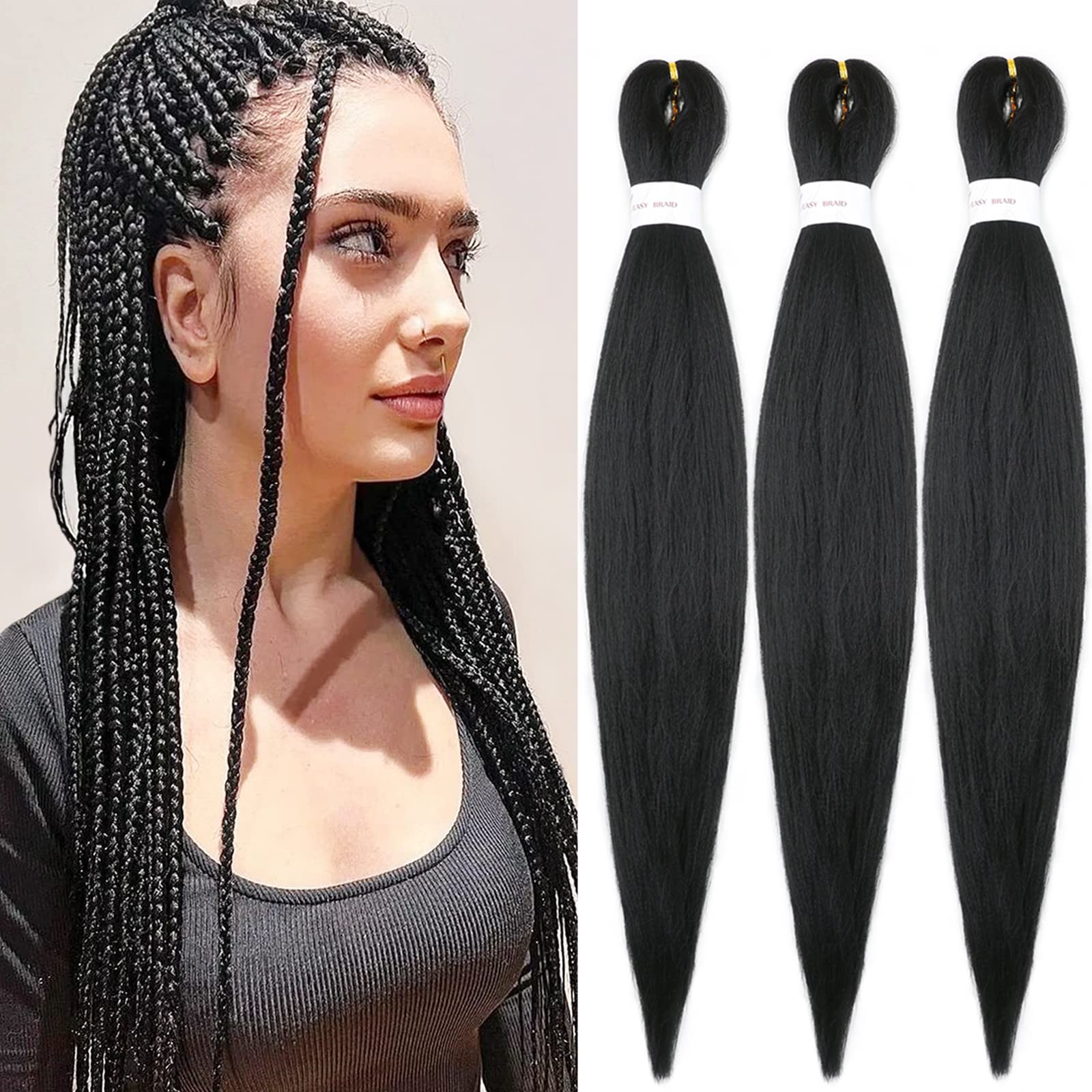 IXIMII Pre Stretched Braiding Hair 26 inch 3 packs Natural Black Kanekalon Braiding Hair Pre-Stretched Long Straight EZ Braids Soft Yaki Texture Synthetic Hair Extensions Hot Water Setting 1B#