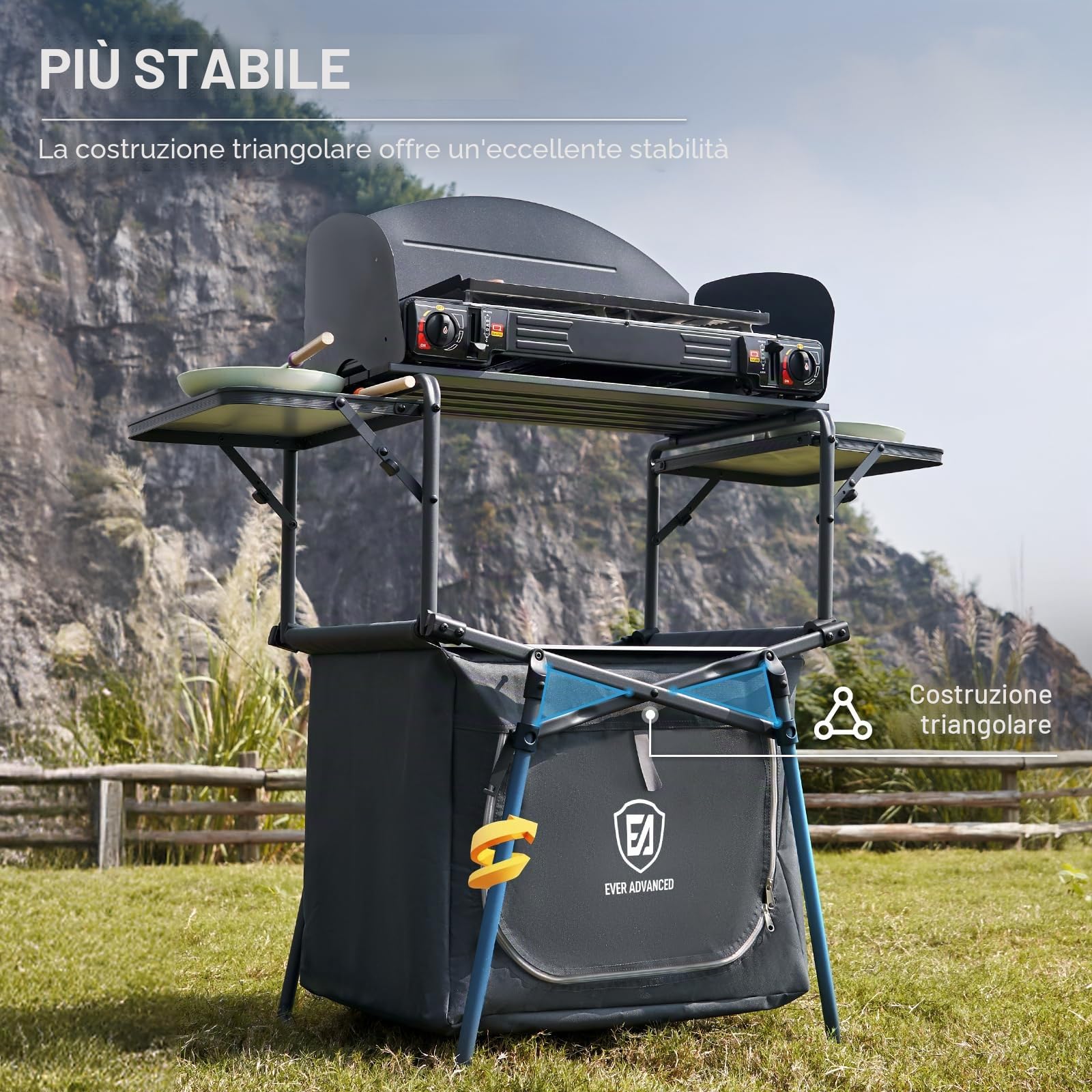 EVER ADVANCED Tavolo da campeggio pieghevole portatile con borsa portaoggetti, tavolo grill con parabrezza per cucinare all'aperto, barbecue, picnic e campeggio, con borsa per il trasporto
