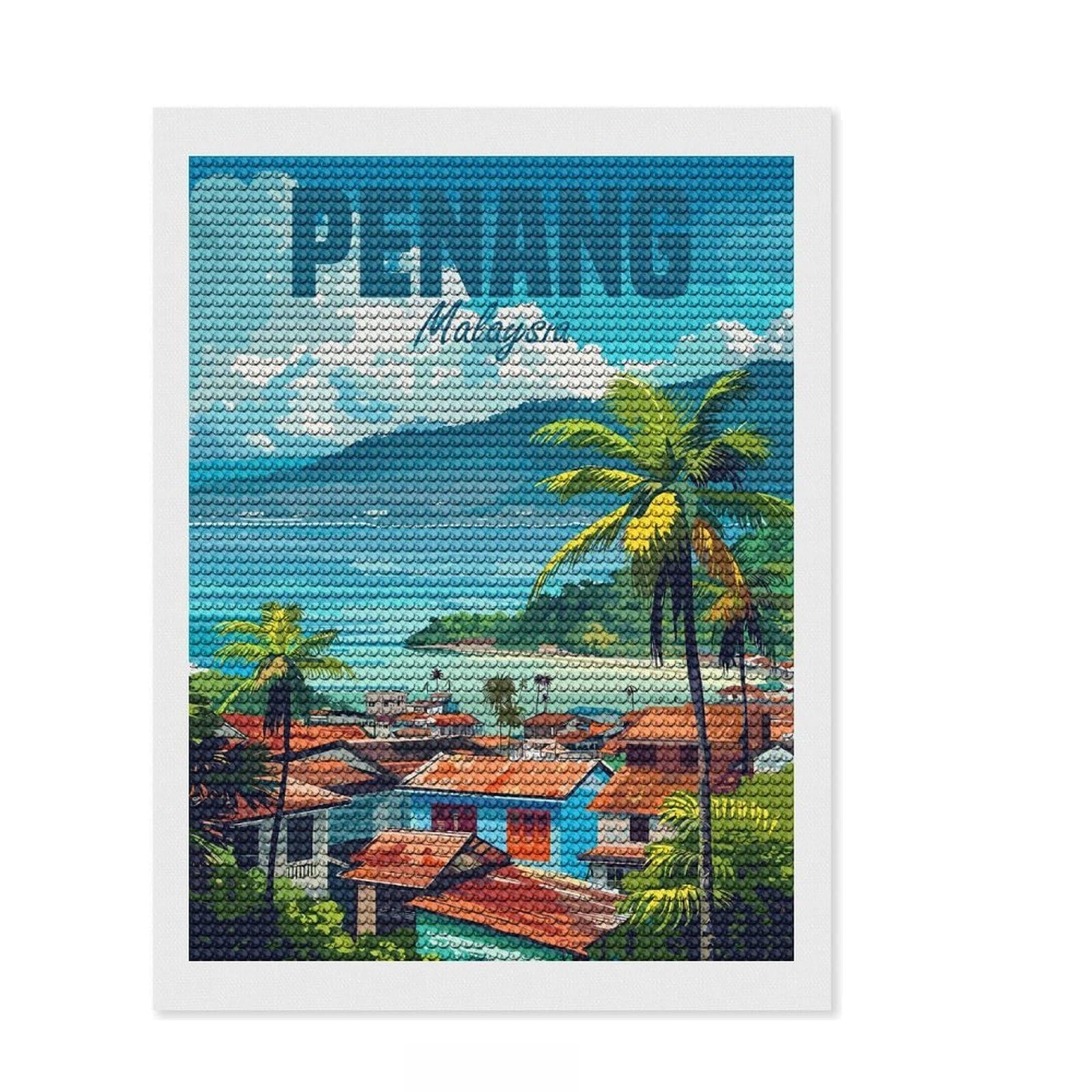Junmoney Penang Malaysia Crystal Diamond Art Kit 12"x16", Arts and Crafts, Aesthetic Room Decor, Boho Decor, Festive Home Decor