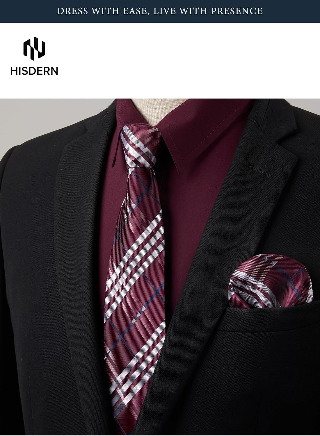 HISDERN Mens Dress Shirt with Tie Pocket Square Set Classic Button Down Shirt Matching Tie Long Sleeve Shirts image 3
