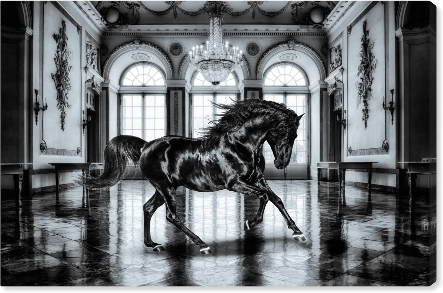 The Oliver Gal Artist Co. Country Glam Canvas, 54" x 36", Black Frame, Elegant Black Ballroom Horse
