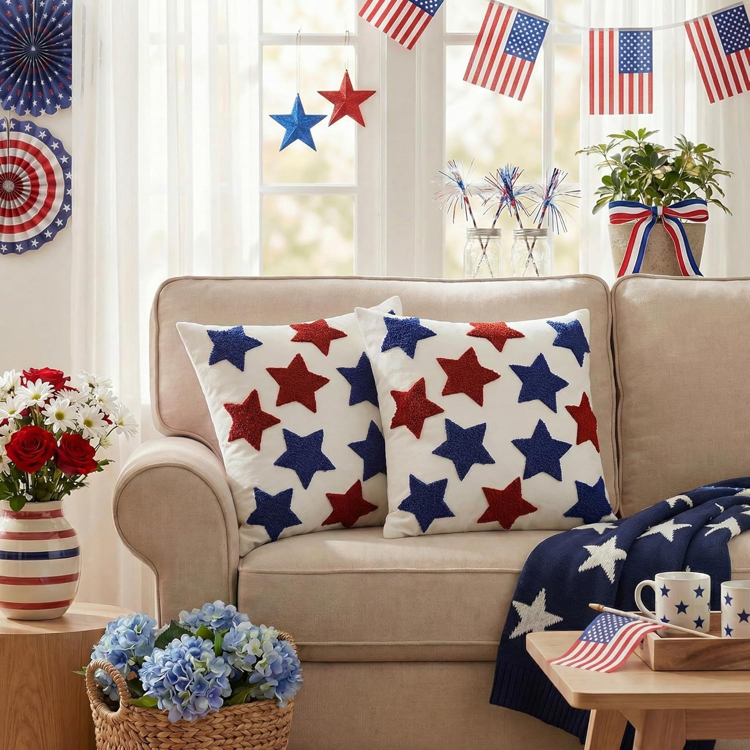 AVOIN colorlife 4th of July Patriotic Red Blue Stars Embroidered Throw Pillow Covers, 18 x 18 Inch Independence Day Decor Tufted Patterned Linen Cushion Case for Sofa Couch Set of 2