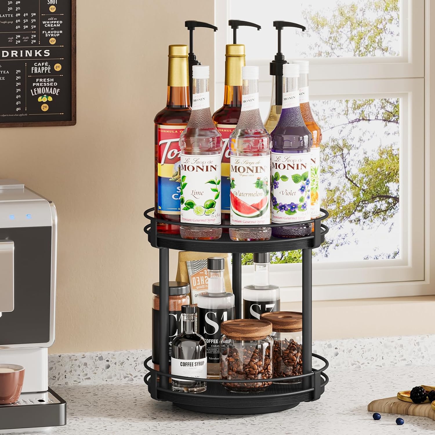 Snughome Lazy Susan Spice Rack, 2 Tier Rotating Spice Rack, Wood Lazy Susan Organizer for Cabinet, Black Kitchen Counter Shelf, 10.2" x 10.2" x 10.4"