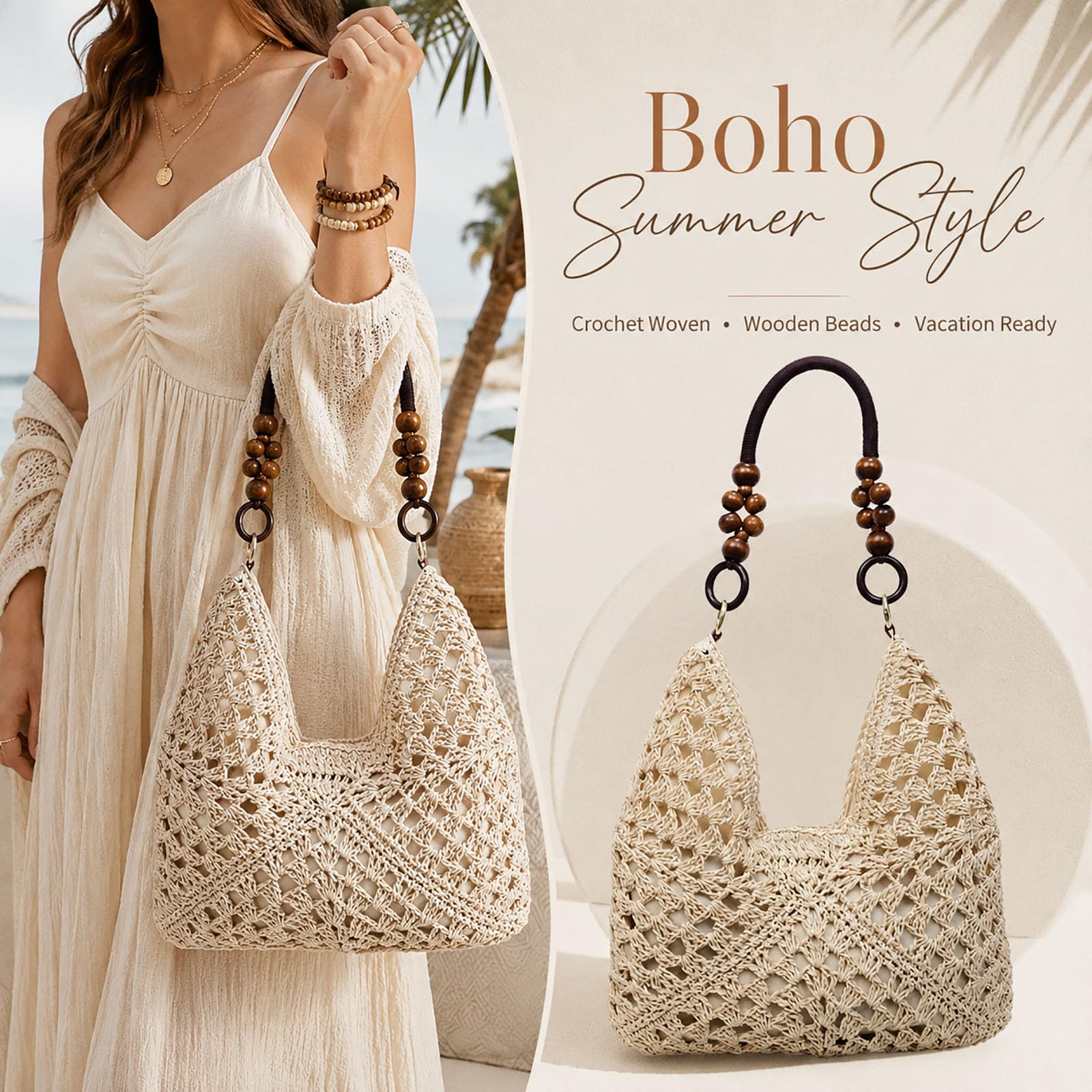 Straw Bags for Women 2026, Crochet Woven Beach Tote Bag with Wooden Beads, Boho Shoulder Purse for Summer Vacation Travel