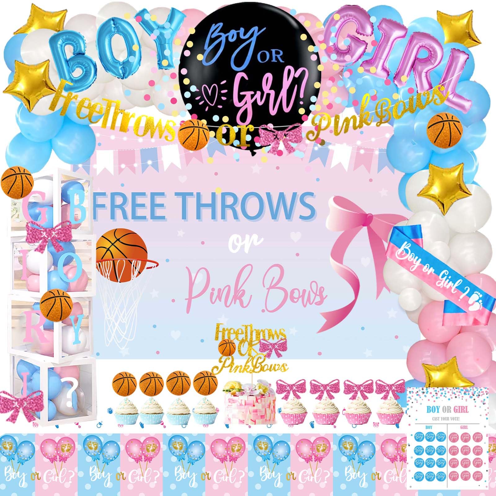 Hombae Free Throws or Pink Bows Gender Reveal Decorations, 169 PCs Boy or Girl Gender Reveal Decorations Backdrop Balloon Garland Banner Tablecloth Cake Cupcake Topper Box Cutout Poster Sash