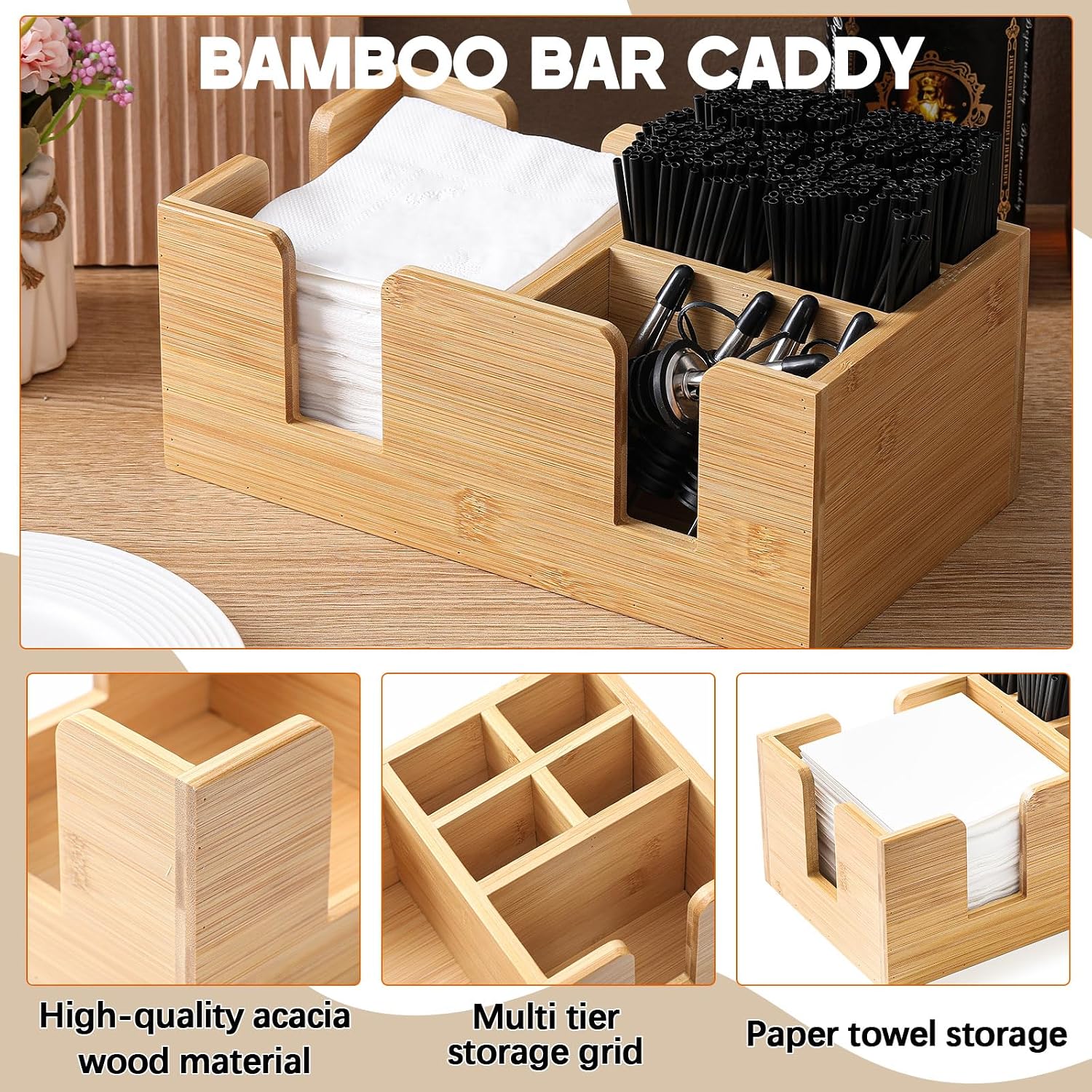 Condition photo showing New/Like New for mifoci 2 pcs bar caddy with 6 compartments, bar napkin holder organizer cocktail straws and toothpicks condiments for home office kitchen countertop, 9.5 l x 5.9 w (bamboo) natural bamboo 2