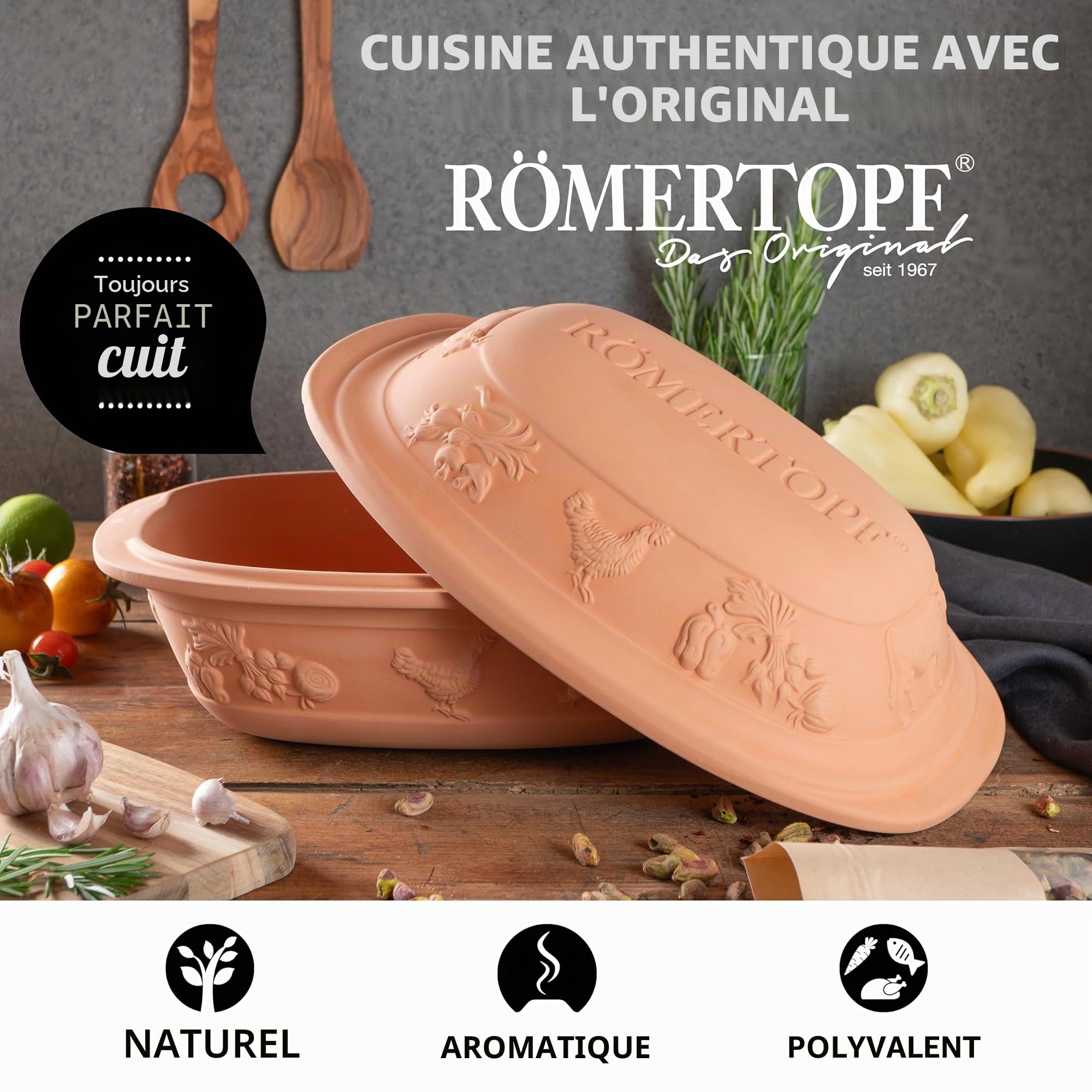 Römertopf Rustico Cocotte Non émaillée en Argile Naturelle 3 l env. 33,5 x 25 x 18 cm Cuisson sans Graisse pour jusqu'à 4 Personnes Passe au Four et au Micro-Ondes Passe au Lave-Vaisselle Römertopf