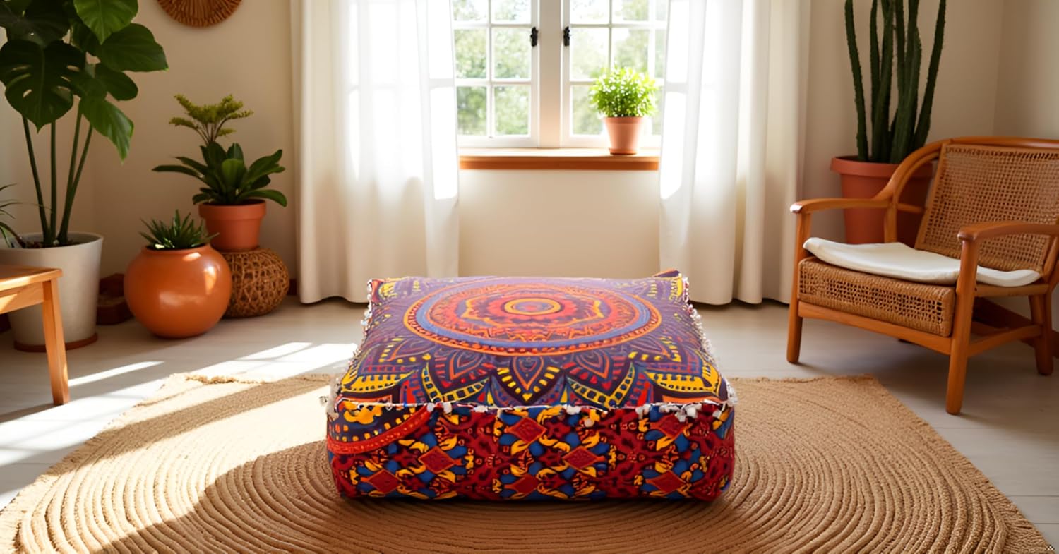 INDIAN CRAFT CASTLE ICC Floor Pillows & Cushion Covers Decorative Hippie Mandala Pouf Pillow Covers Seating Meditation Cushion Cover Large Boho Ottoman Case Pillowcase Couch New Orange, 24" Square