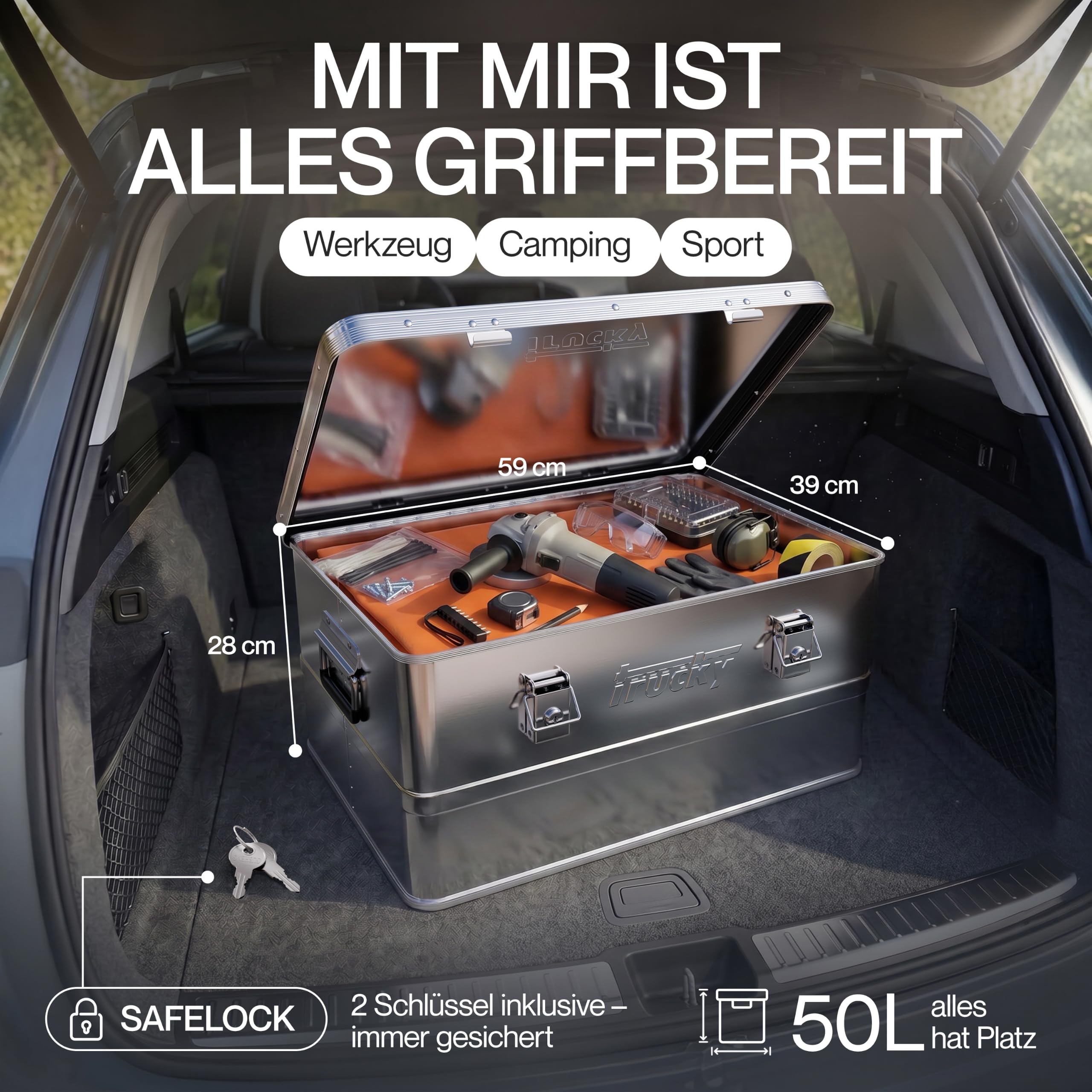 Trucky Aluminium Box mit Deckel Silber Alukiste 50L Alu Kiste Abschliessbar | Transportbox, Metallbox, Aufbewahrungsbox, Metallkiste