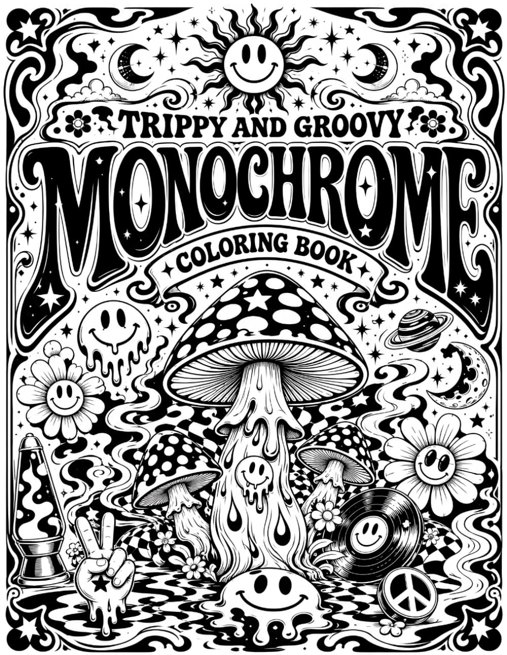 TRIPPY AND GROOVY Monochrome Coloring Book: Psychedelic and Abstract One-Color Still And Slow Scenes with Fractal Patterns, Mandala Designs, Mushroom ... & Stress Relief for Adults, Teens and