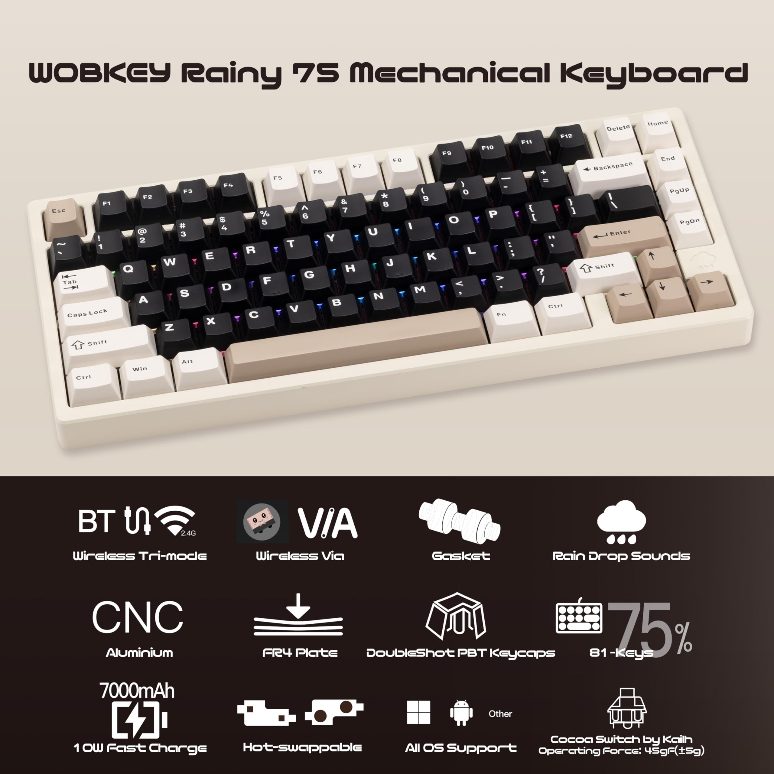WOBKEY Rainy 75 Aluminum Cocoa Switch Mechanical Keyboard with Superior Acoustics, Wired, BT, 2.4G wireless Connectivity (Pro - White) — view 2