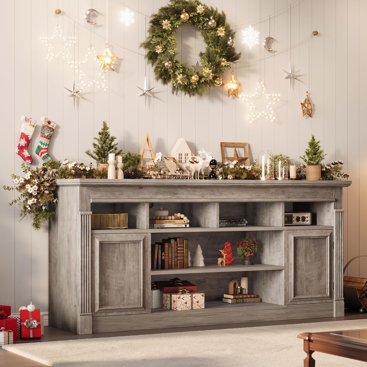 GAOMON TV Stand for TVs Up to 75 Inches, Entertainment Center with Open Storage Shelves and Cabinets, Farmhouse Media TV Console Table for Living Room, Bedroom, Grey