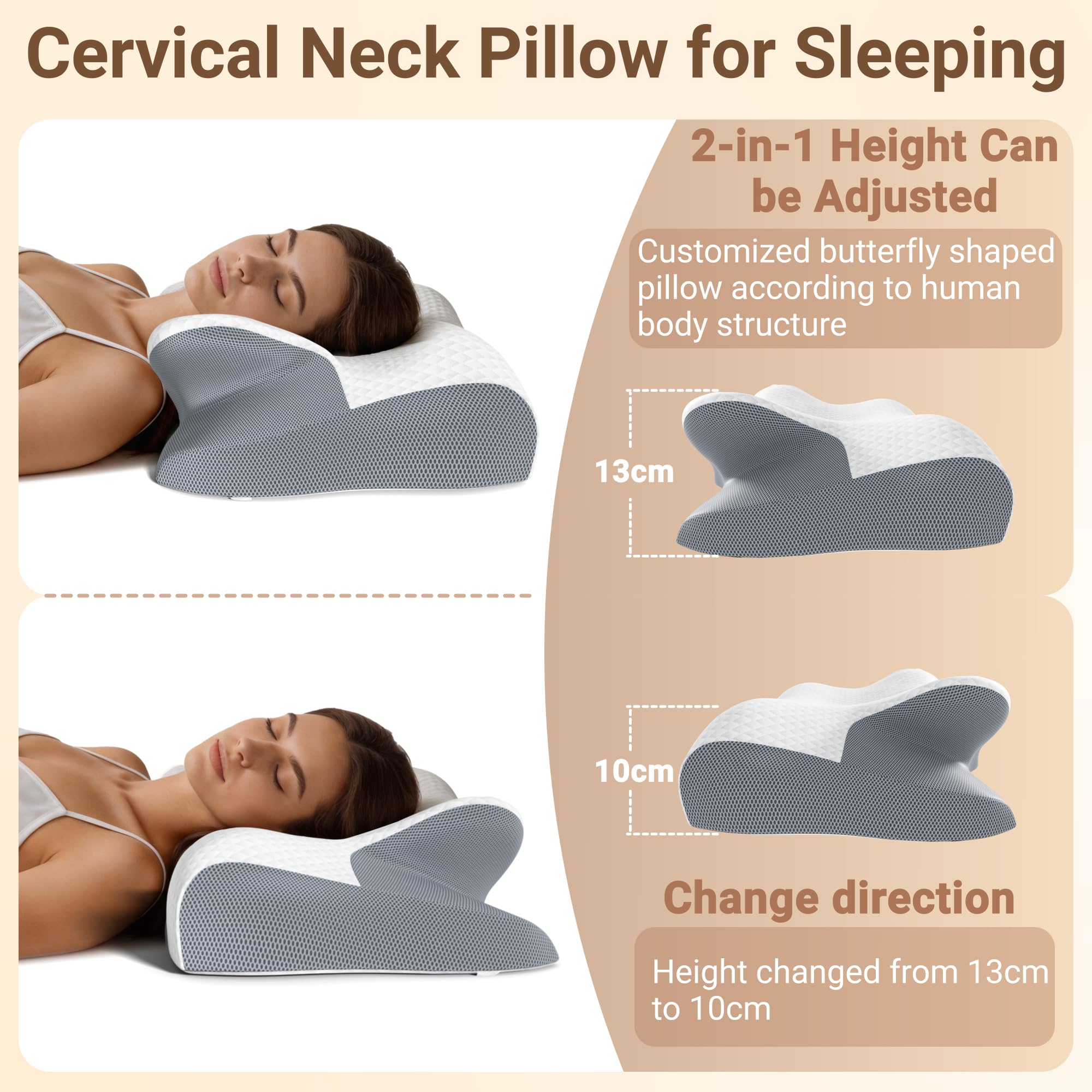 READAEER Cuscino Cervicale Memory Foam Ergonomico, Cuscino Ortopedico per Collo e Spalle, Doppia Altezza 13/10 cm con 2 Federe, Guanciale Traspirante per Dormire su Fianco e Schiena