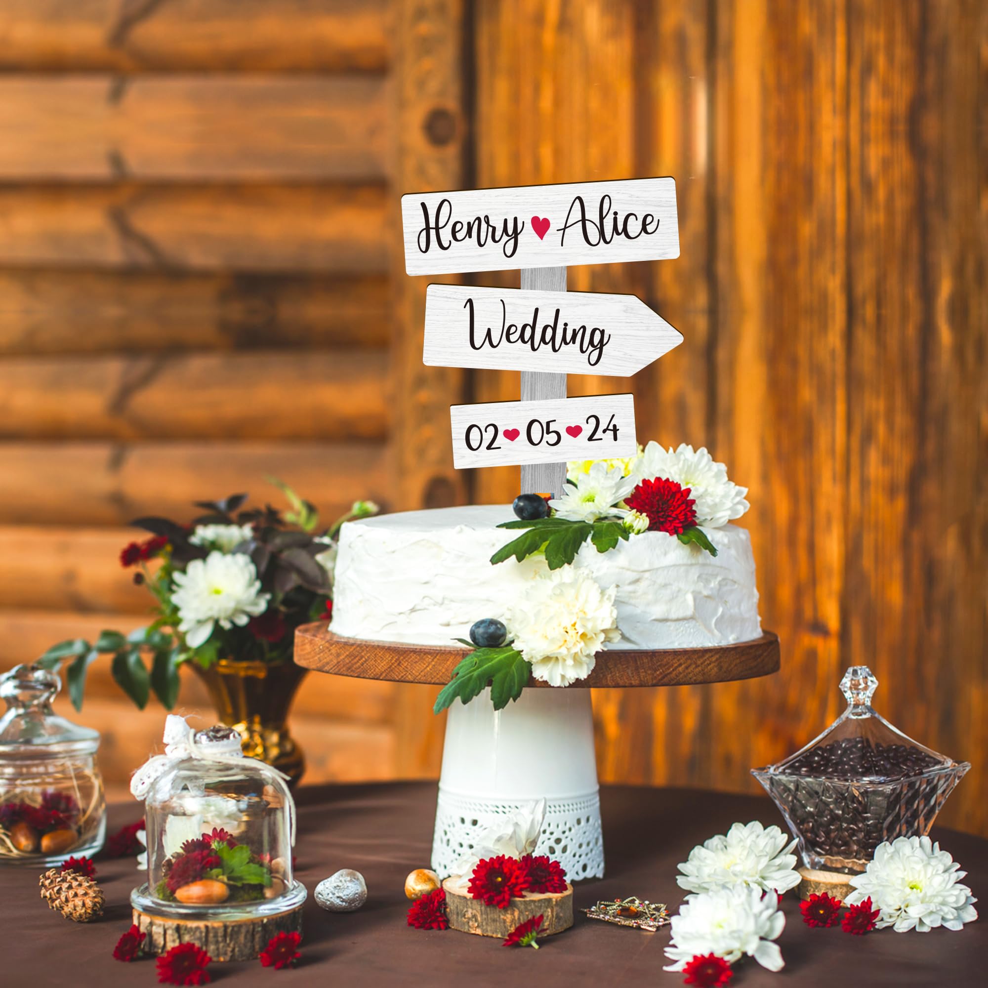 Party to Be Personalized Rustic Wedding Cake Topper in Wood Custom Bride & Groom Names Initials Wedding Date Cake Decoration (Birch White)