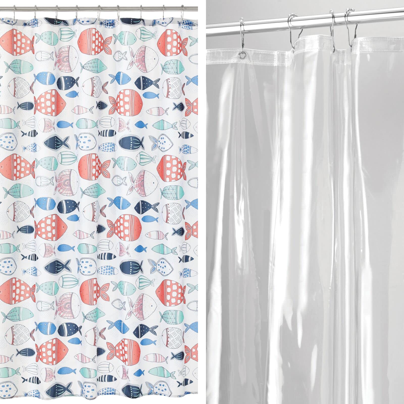 mDesign Fabric Ocean Fish Print Shower Curtain with Reinforced Buttonholes and Vinyl Waterproof Liner with Weighted Hem/Metal Grommets for Master/Guest Bathroom, 72" x 72", Set of 2, Bright/Multi