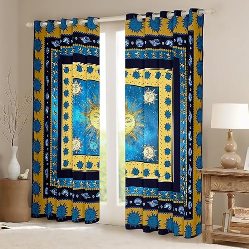 Miniatura 2 de Cortinas de sol para dormitorio, sala de estar (2 paneles, 38 x 45 pulgadas), patrón bohemio, hippie, sol, luna, 30% a 50%, cortinas opacas bohemias