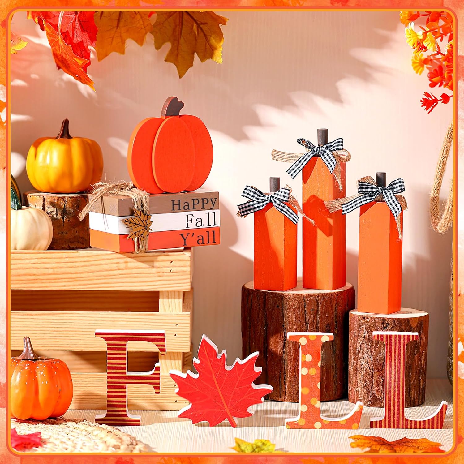 FoldTier 11pcs Thanksgiving Fall Decorations for Home Pumpkin Tiered Tray Decor Fall Table Decoration Maple Leaf Wooden Sign Autumn Pumpkin Tabletop Stack Faux Books Centerpiece for Shelf Harvest
