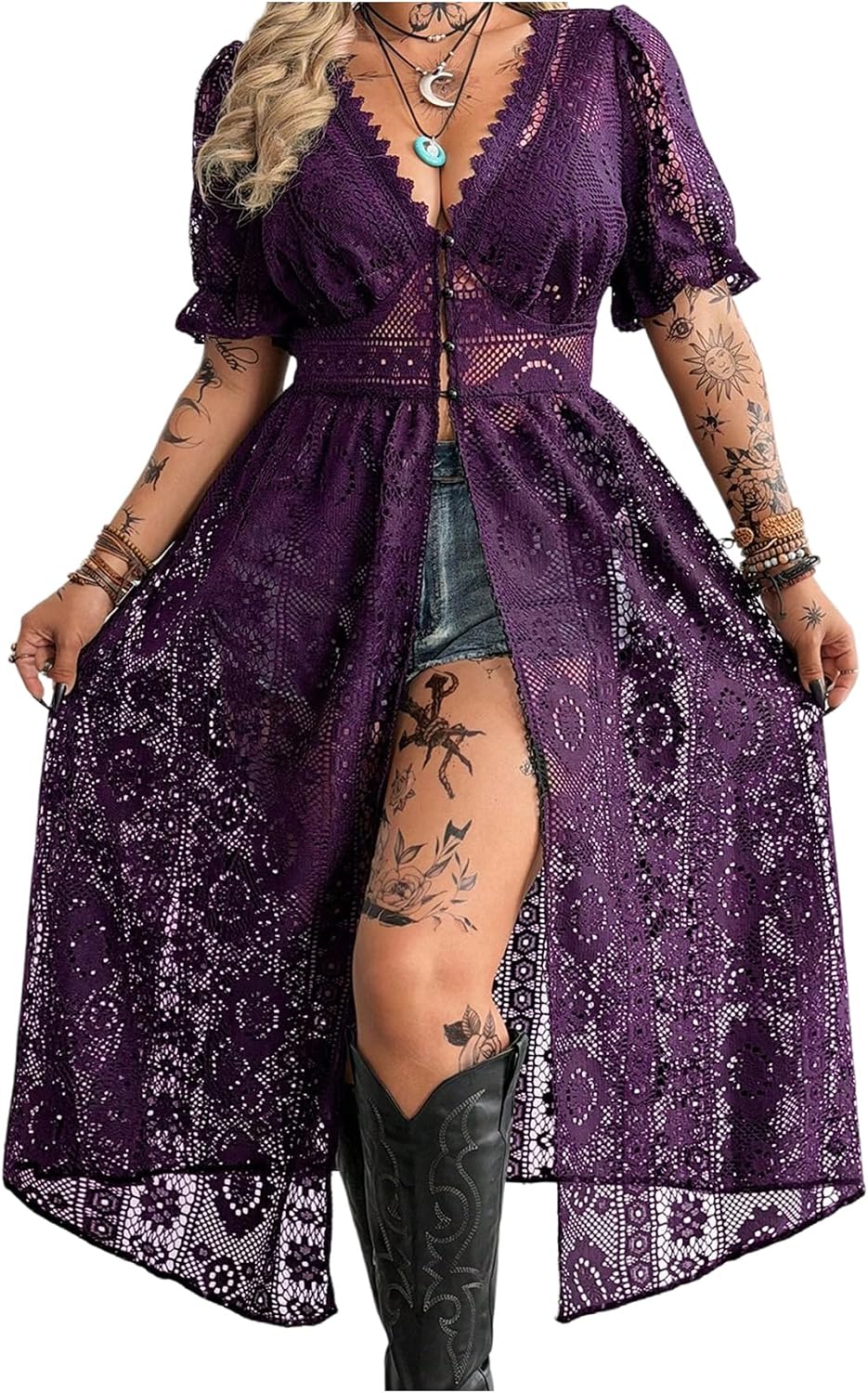 SOLY HUX Women's Plus Size Floral Lace Cover Up Long Shirts Festival Tops