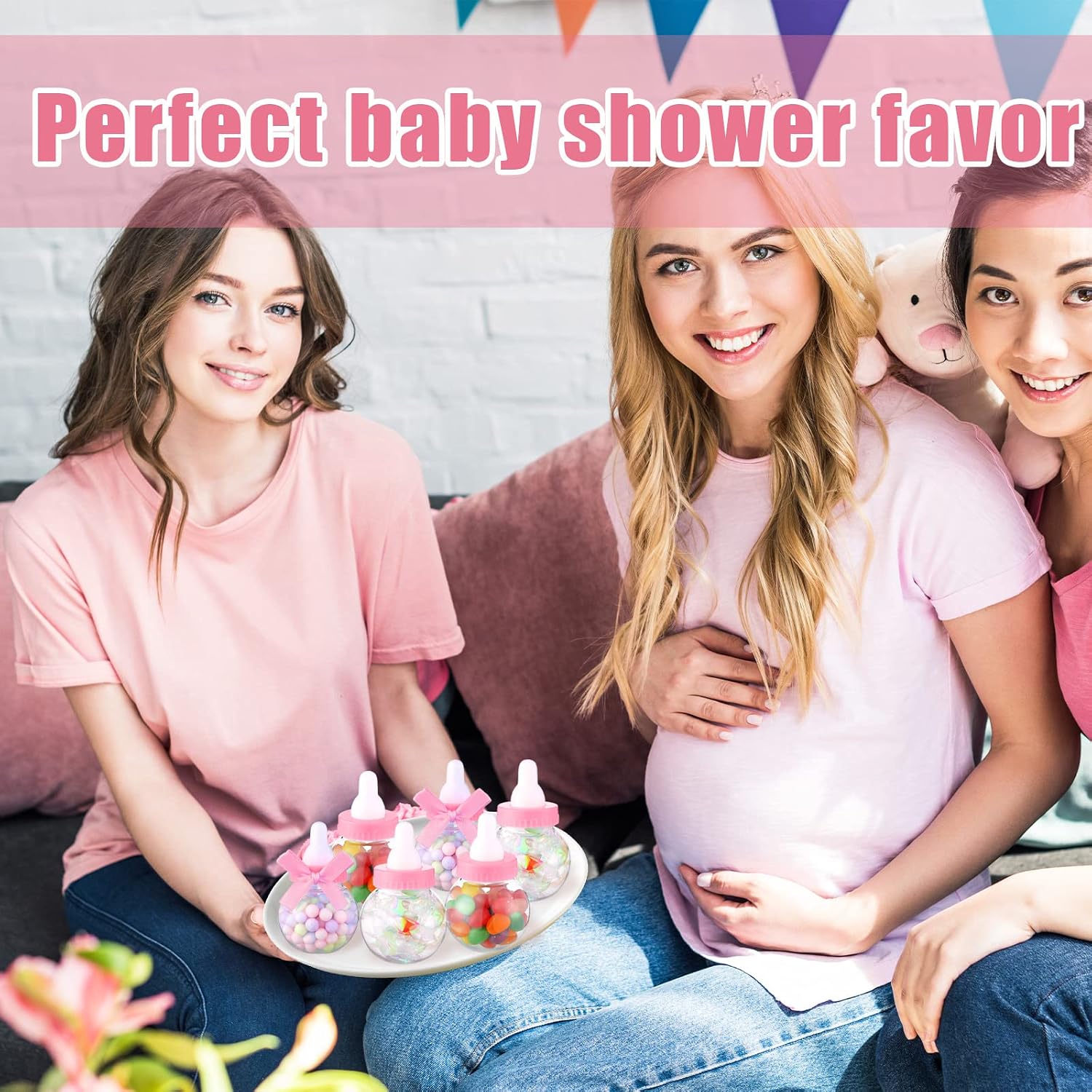 Sosation 48 Pcs Baby Shower Favor Bottles Mini Milk Bottle Party Favor Gift, Baby Shower Candy Jar with Bow Knots for Disclosure Birthday Party Favors Gift for Guest(Pink)
