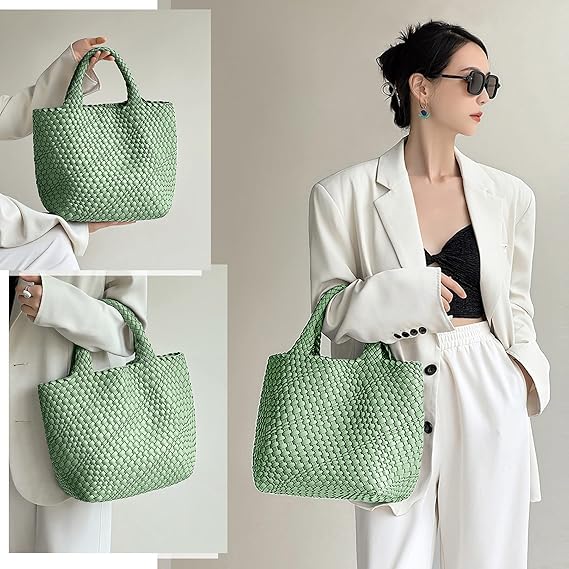 KALIDI Straw Tote Bag Woven PU Leather Handle Zippe