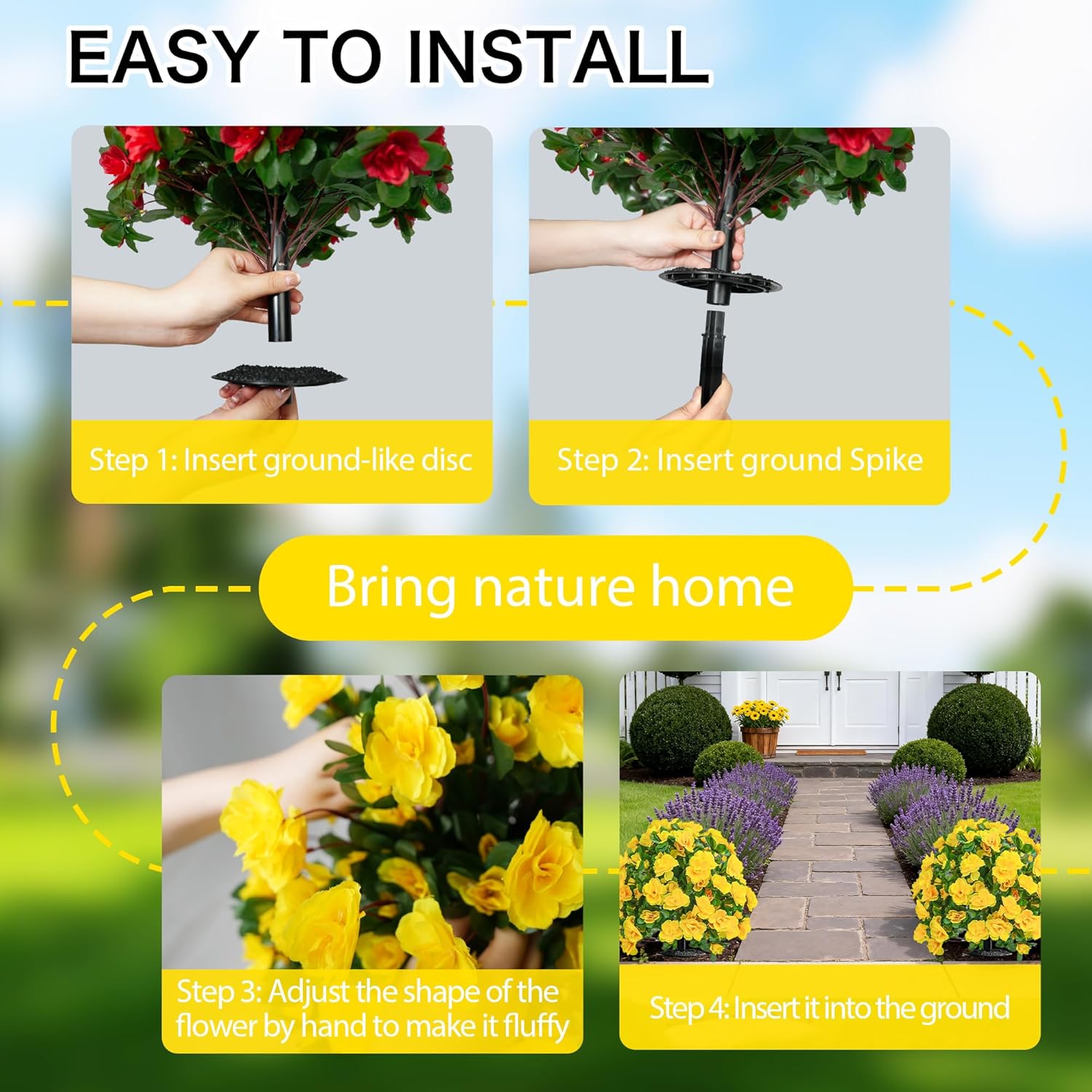 Artificial Flowers for Outdoors, Faux Outdoor Plants Fake Plants Topiary Balls Artificial Outdoor Set of 2 with Ground Spike for Home Front Porch Patio Garden Decor (Yellow)