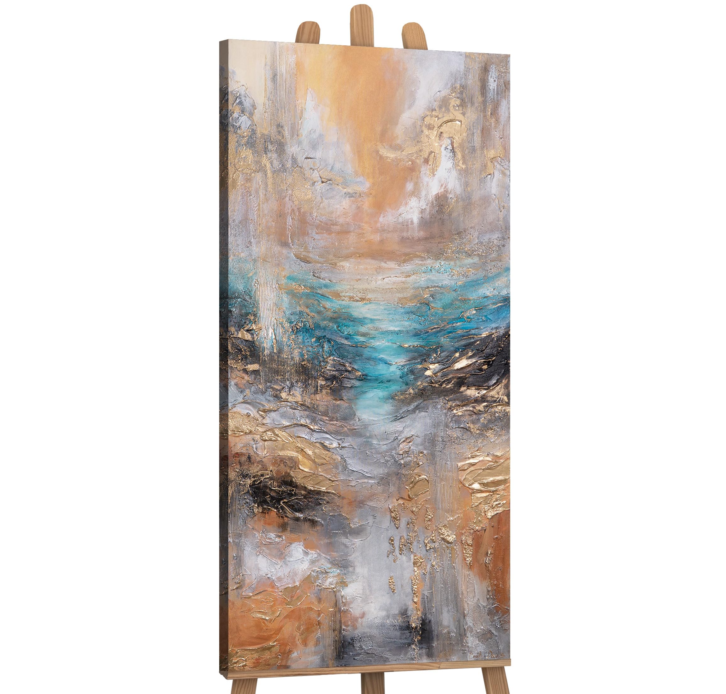 Ys The Light Of The Horizon -Art Original Handmade Abstract Seascape Painting Canvas Wall Art Modern Gold Beige Turquoise Ocean Decor Living Room 45X20 Inch