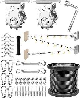 String Light Hanging Kit Outdoor 164 Ft Vinyl Coated Cable and Winch Wire Rope 304 Stainless Steel Shade Sail Hardware Kit Bistro Globe String Lights Suspension